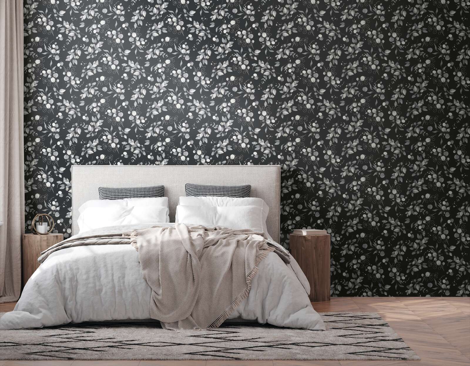             Papel pintado tejido-no tejido brillante con motivos florales y zarcillos - negro, gris, plata
        