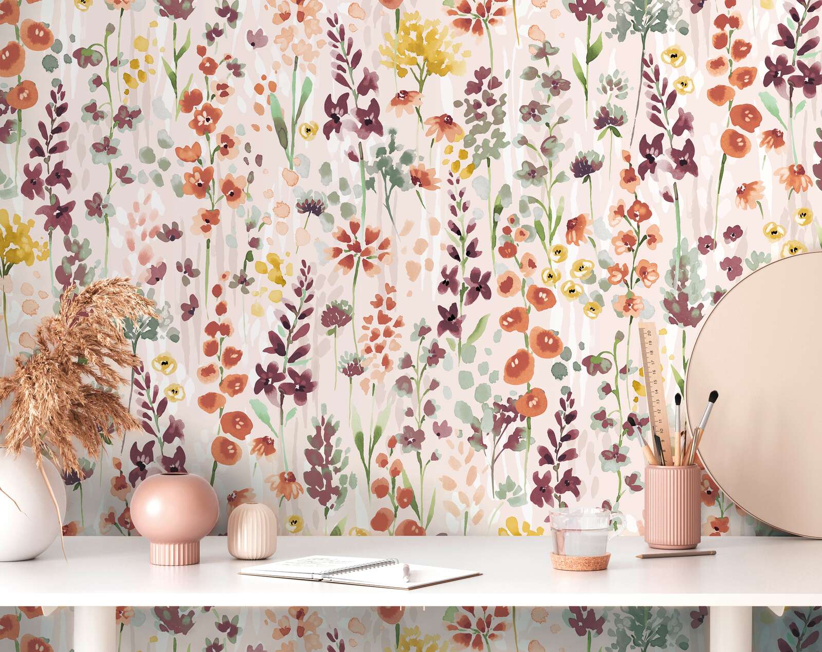             Non-woven wallpaper colourful flower meadow in watercolour design - beige, orange, brown
        