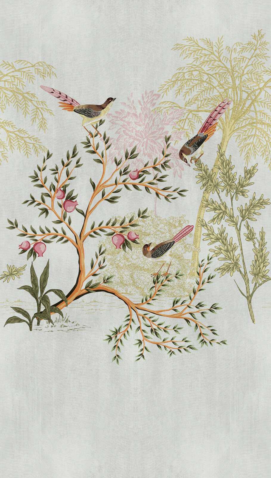             Nature motif non-woven wallpaper with trees and birds and large-scale pattern repetition - colourful, grey, green
        