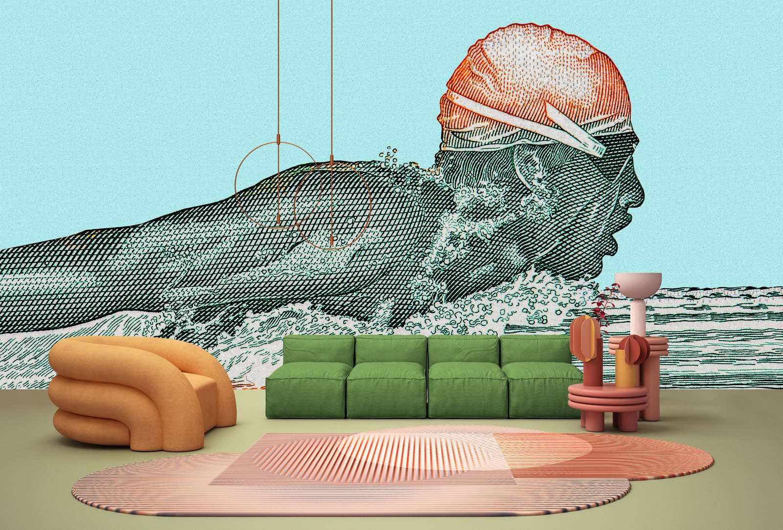             papier peint en papier panoramique »aquaman« - nageur au design pixelisé - pétrole avec structure en papier kraft | intissé légèrement structuré
        