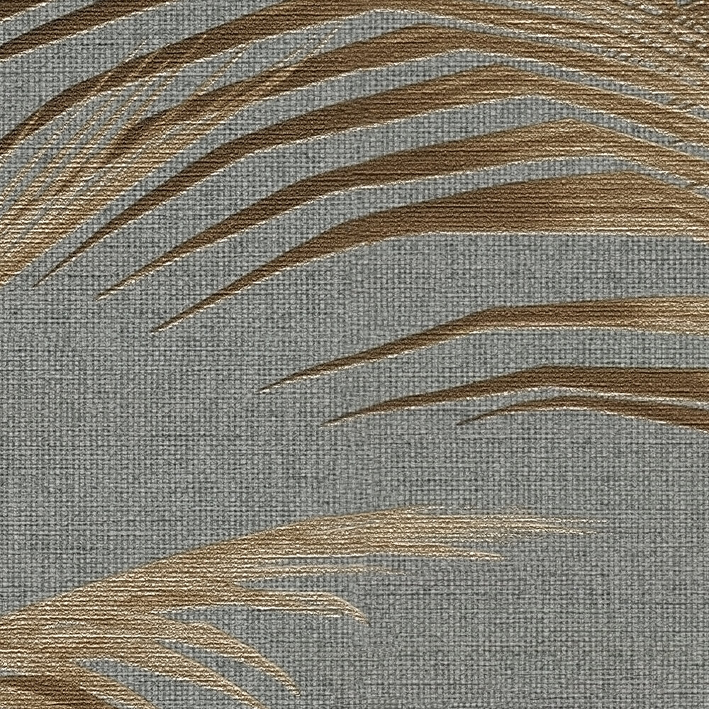             papier peint en papier intissé avec motif de palmiers et accents métalliques or - gris, rouille, métallique
        