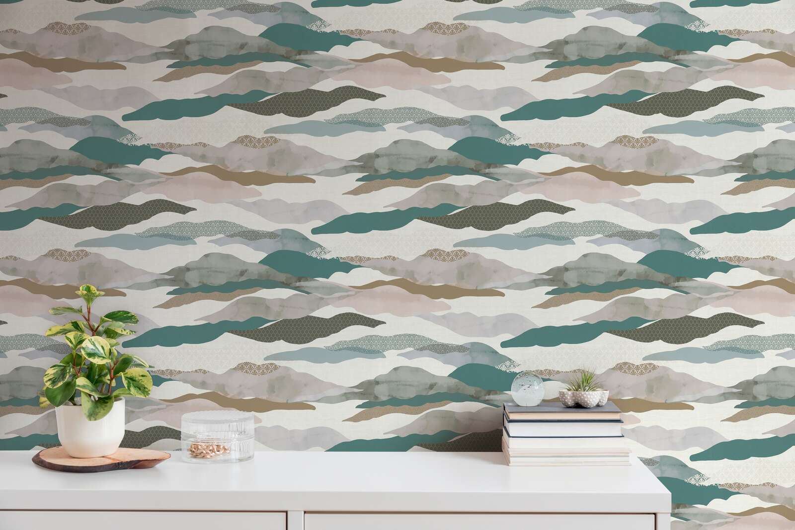             Non-woven wallpaper with abstract landscape motif - blue, grey, white
        