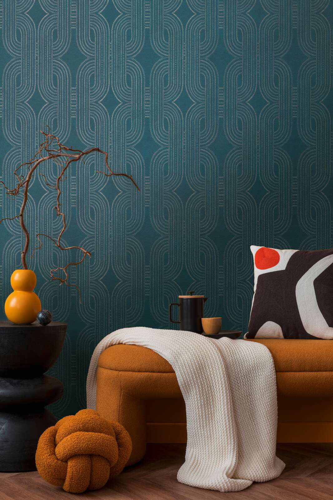             Non-woven wallpaper with abstract graphic retro pattern - blue, green, beige
        