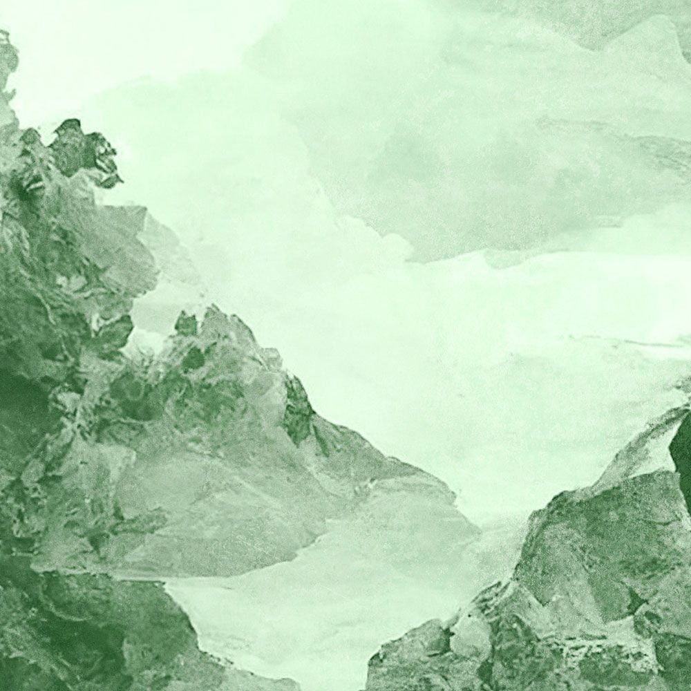             Photo wallpaper »tinterra 2« - Landscape with mountains & fog - Green | Smooth, slightly pearly shimmering non-woven fabric
        