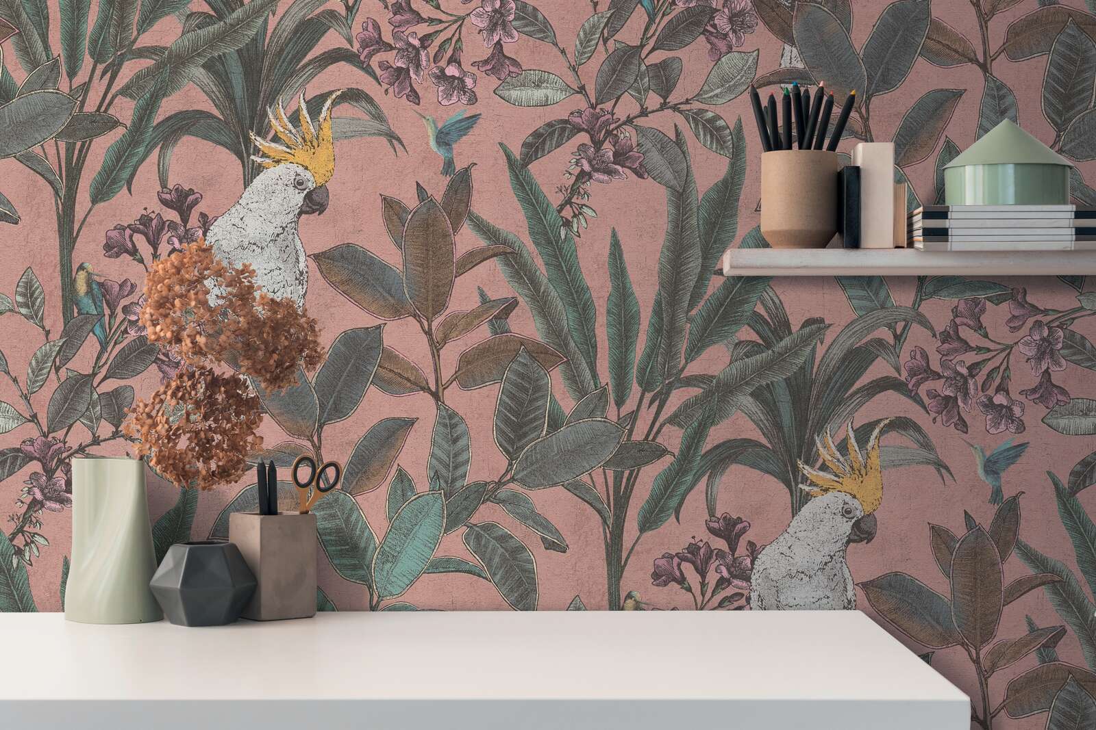             Non-woven wallpaper jungle with cockatoo in vintage look - pink, green, purple
        