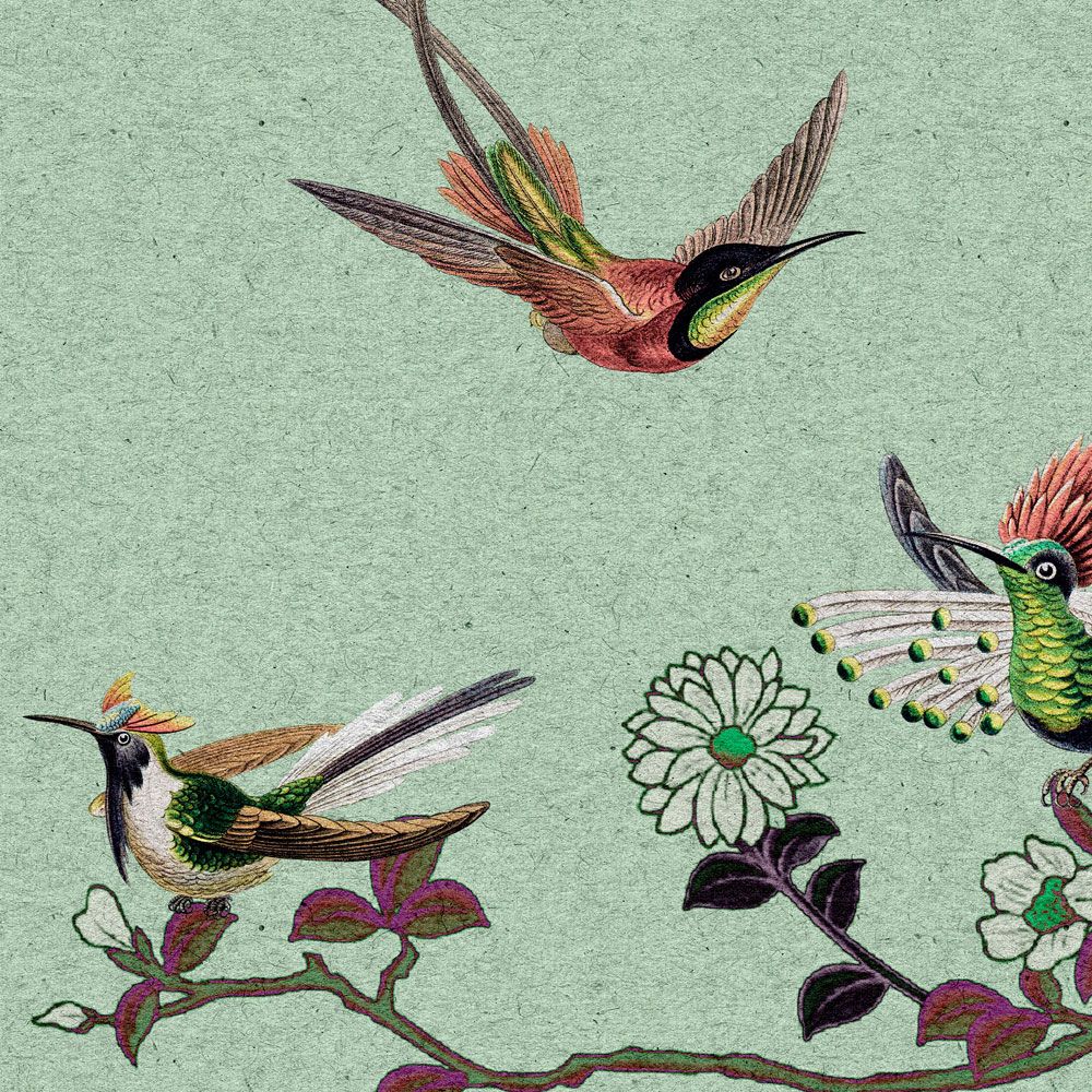             Digital behang »madras 1« - Groen bloesemmotief met vogels op kraftpapiertextuur - Gladde, licht parelmoerachtige vliesstof
        