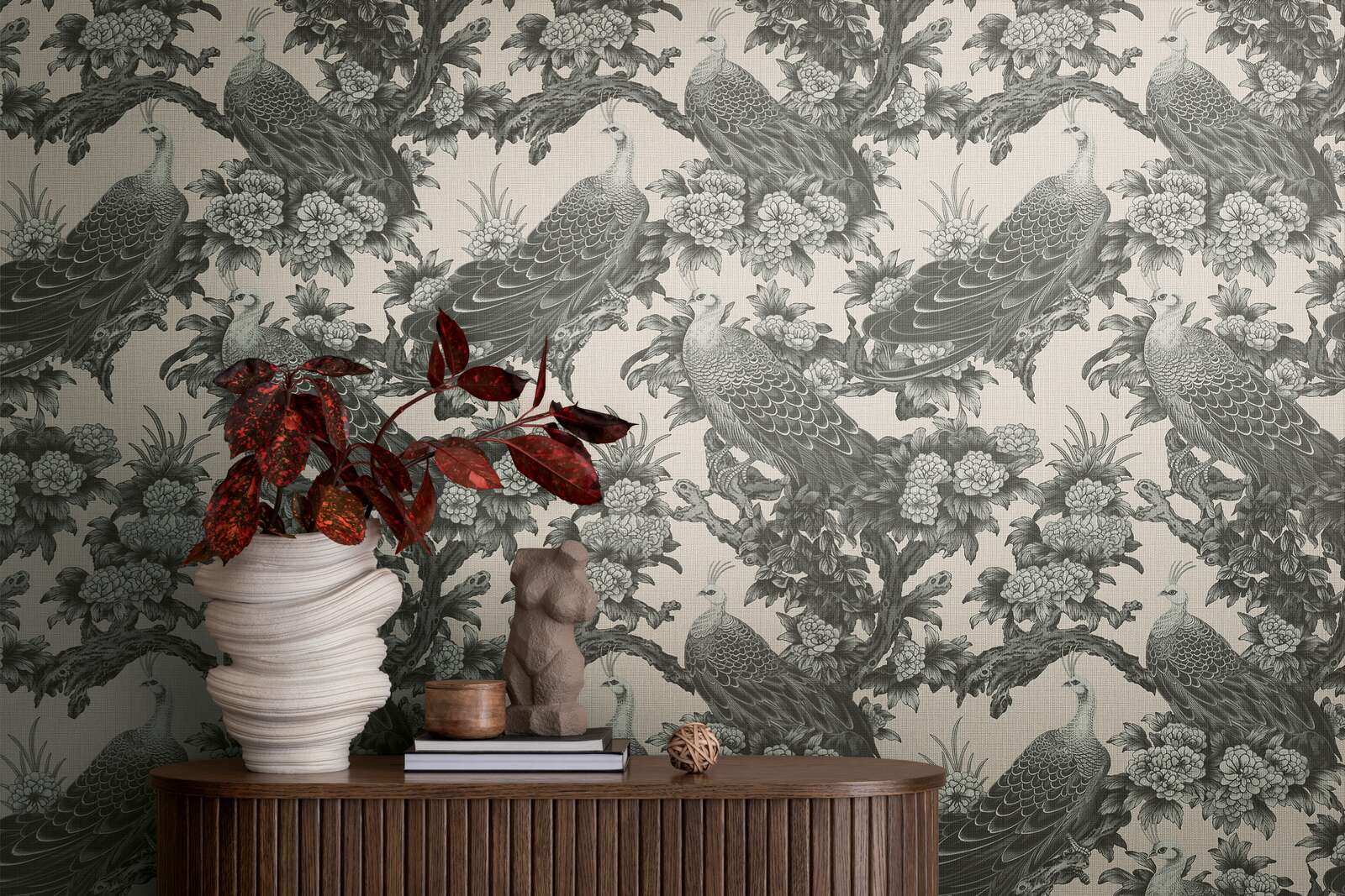             English country style floral pattern with birds as non-woven wallpaper - grey, beige
        