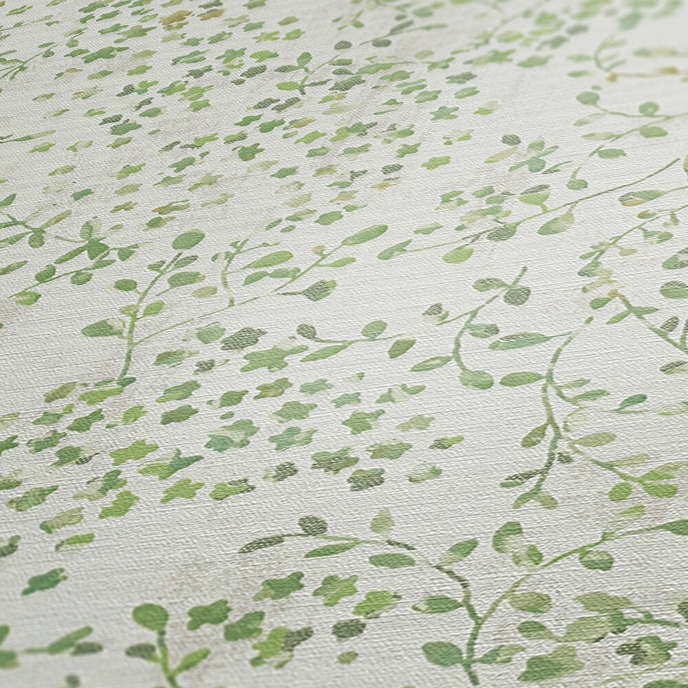             Non-woven wallpaper all over floral motif with light golden accents - green, white, cream
        