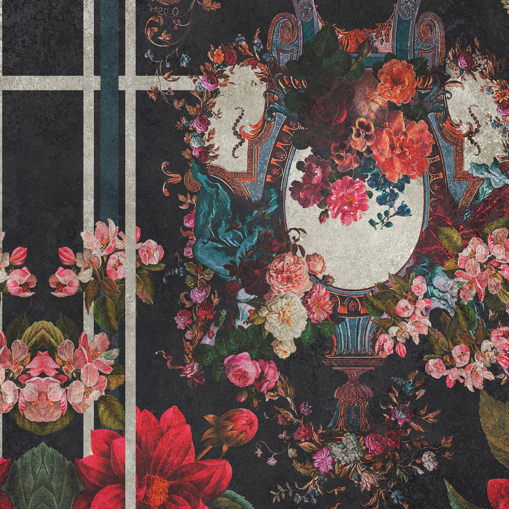             papier peint en papier panoramique »victoria« - lambris ornemental à motif floral sur structure d'enduit vintage - vert foncé | Intissé mat et lisse
        