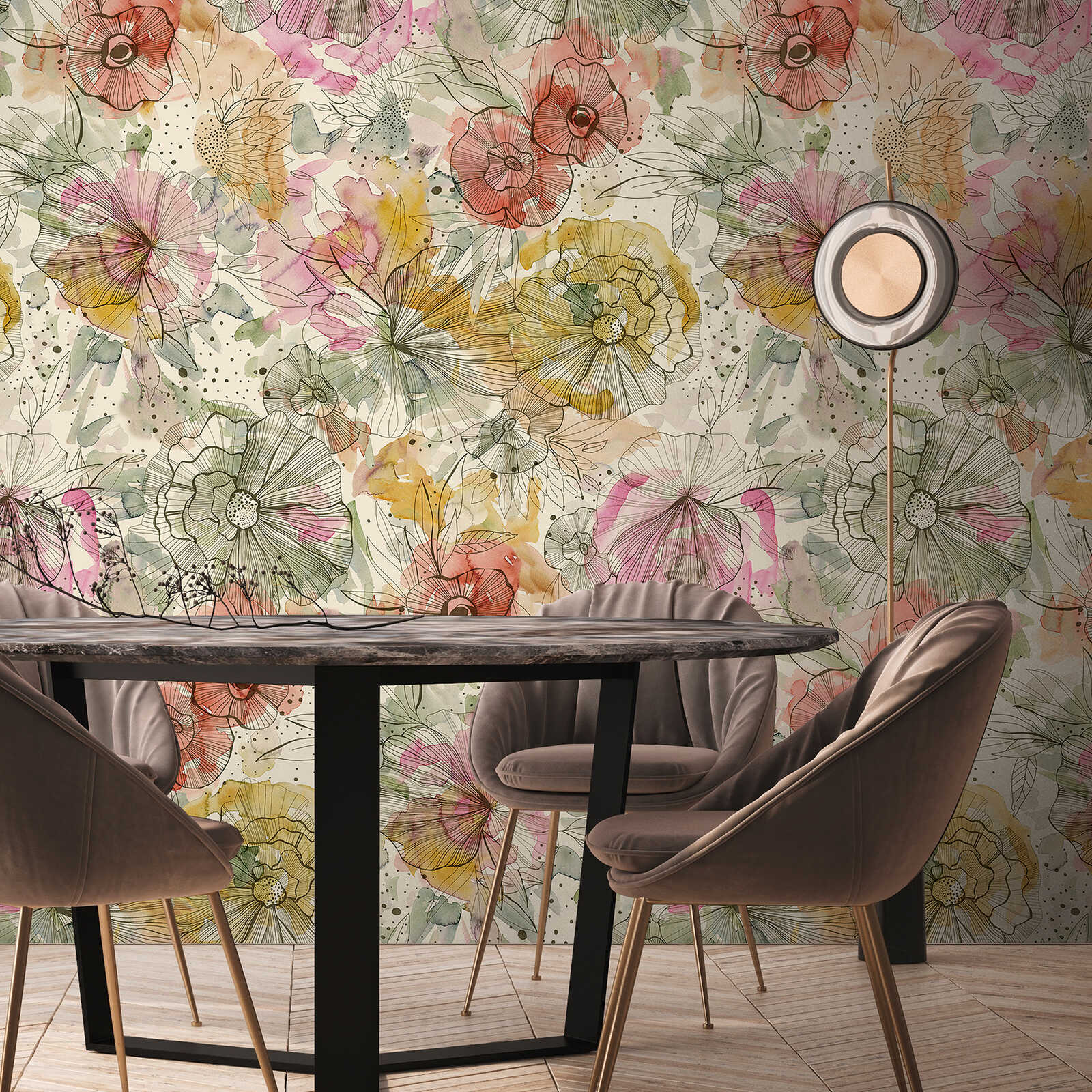         Papel pintado motivo en diseño XXL con flores y capullos en estilo acuarela - beige, naranja, rosa
    