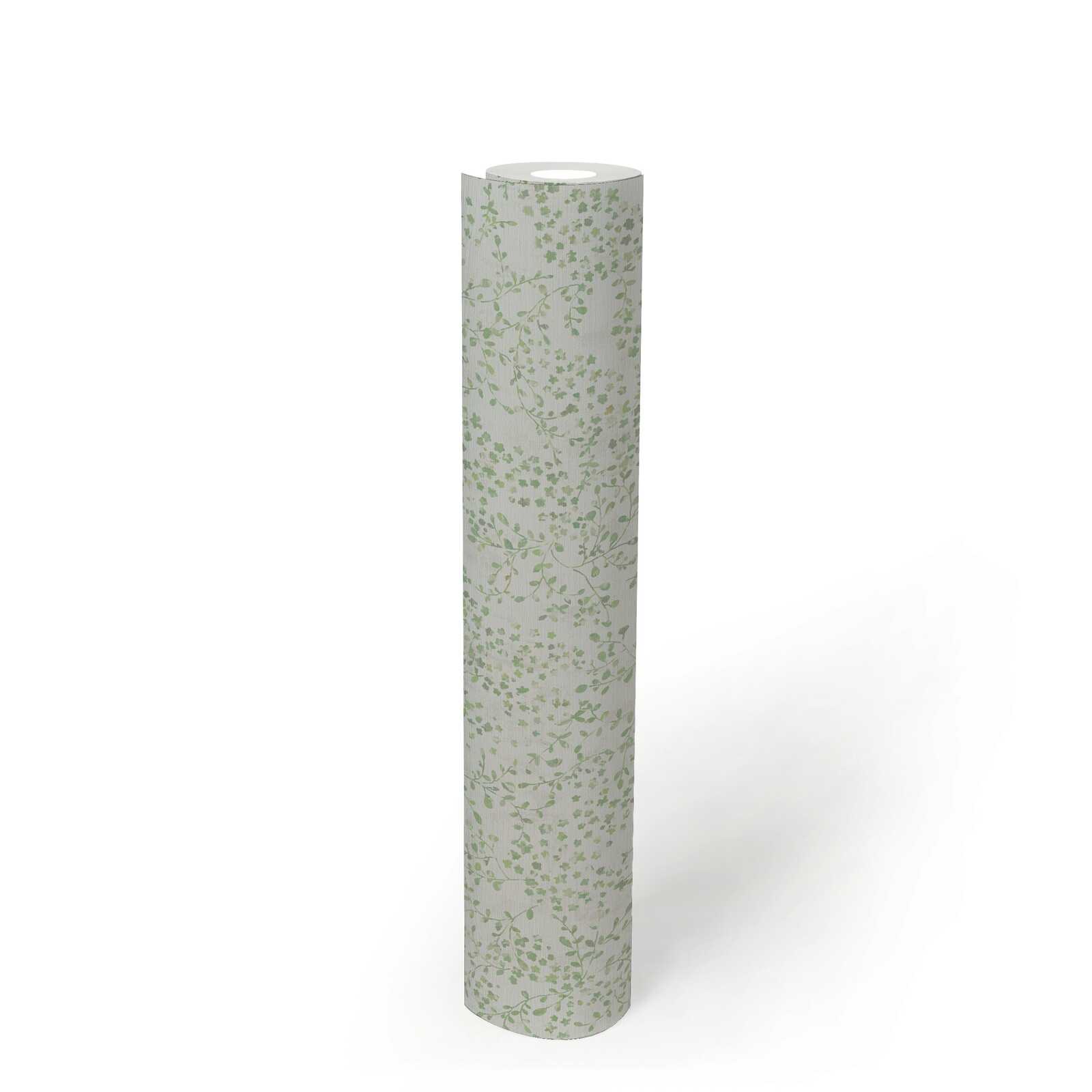             Non-woven wallpaper all over floral motif with light golden accents - green, white, cream
        