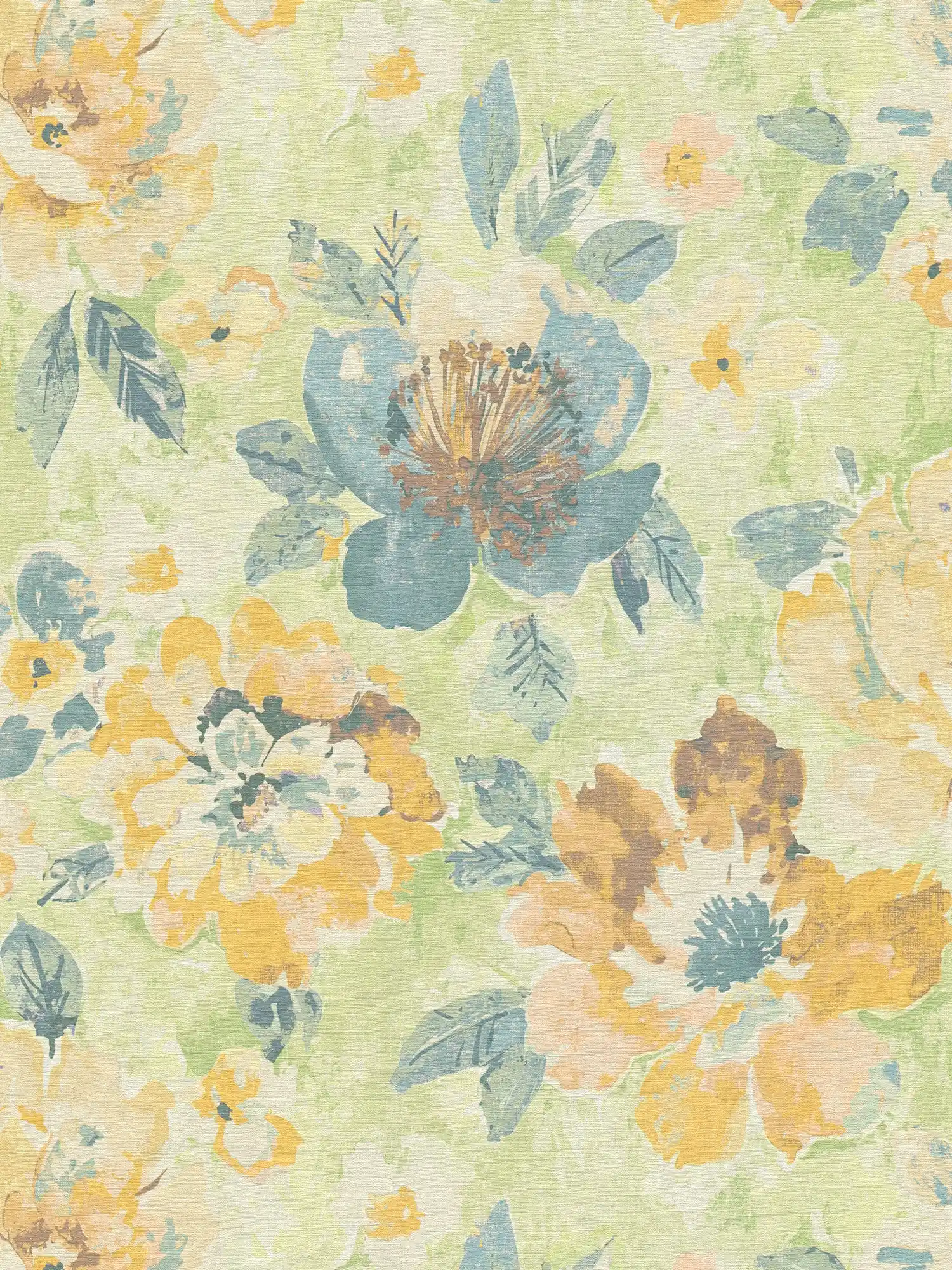 Papel pintado no tejido de flores en acuarela y diseño vintage - colorido, verde, amarillo
