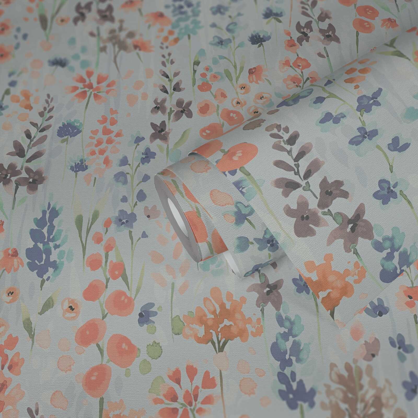             Colourful flower meadow wallpaper in watercolour look - colourful, light grey, orange
        