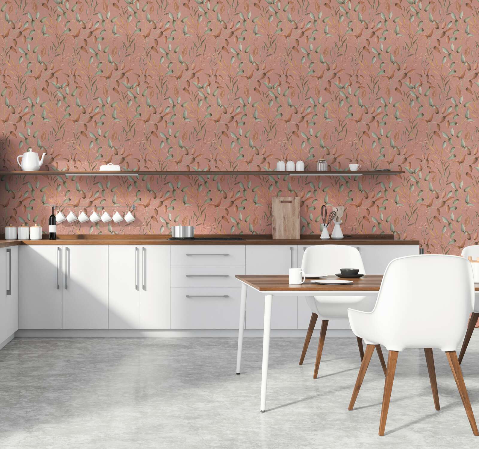             Non-woven wallpaper with soft floral tendrils - pink, green, red
        