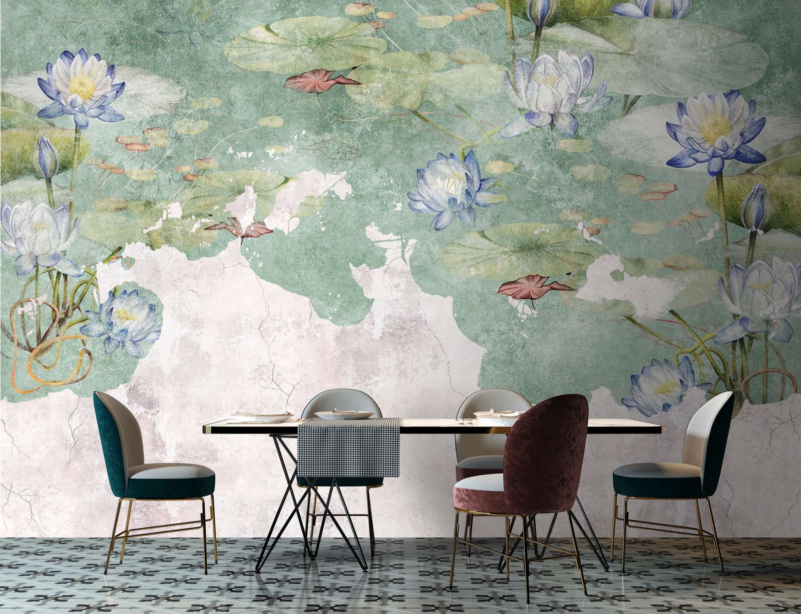             Photo wallpaper »lily« - Water lilies on vintage plaster structure in the background - Matt, smooth non-woven fabric
        