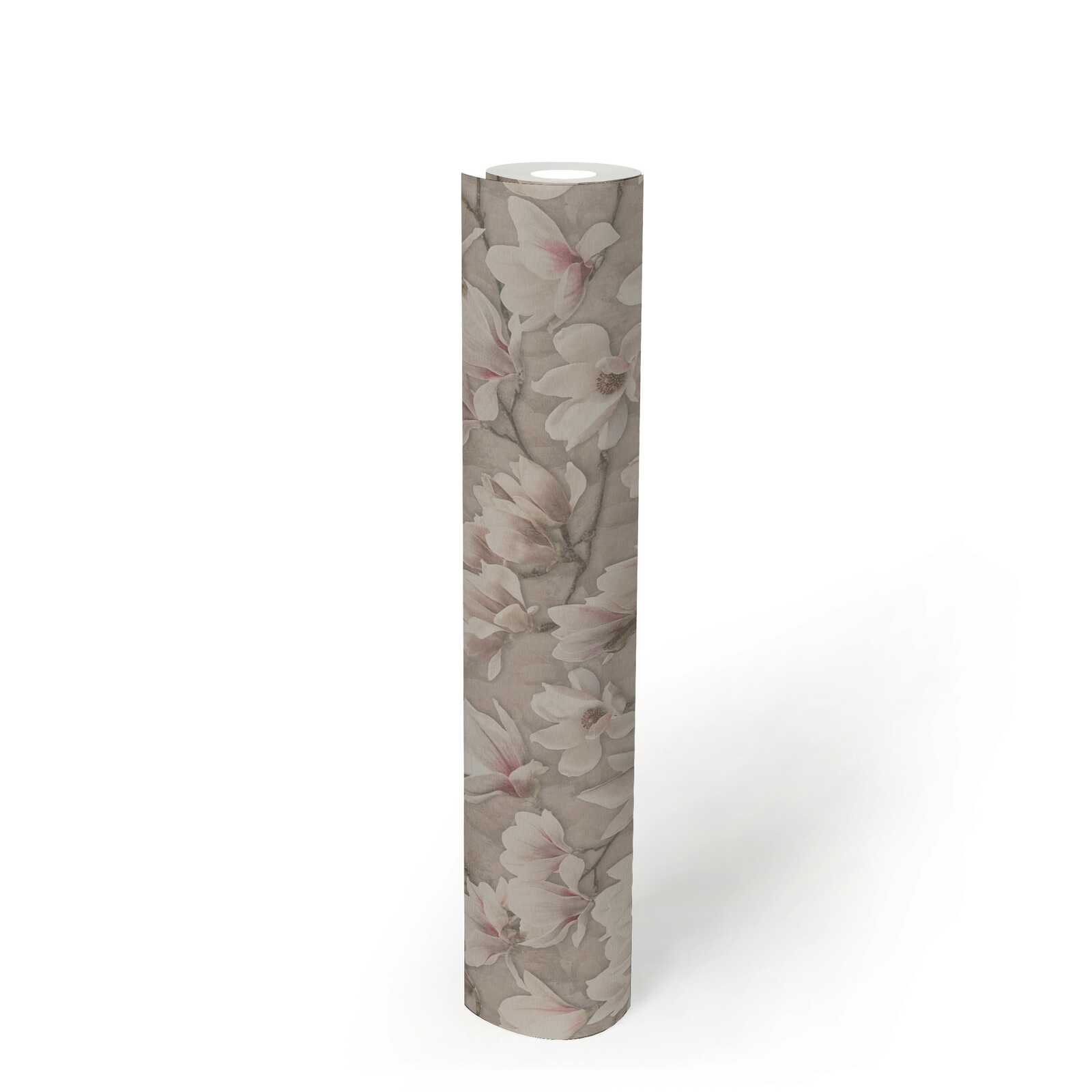             Non-woven floral wallpaper with magnolia blossoms - brown, pink, white
        