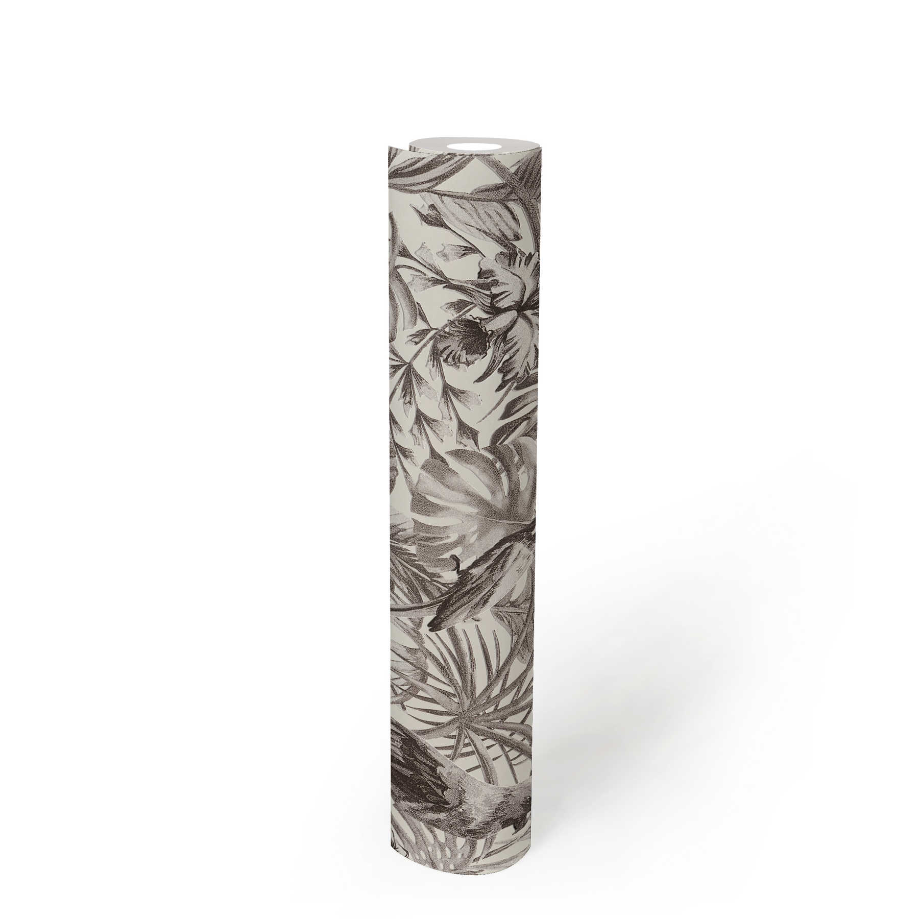             Exotic wallpaper tropical birds, flowers & leaves - black, white, grey
        