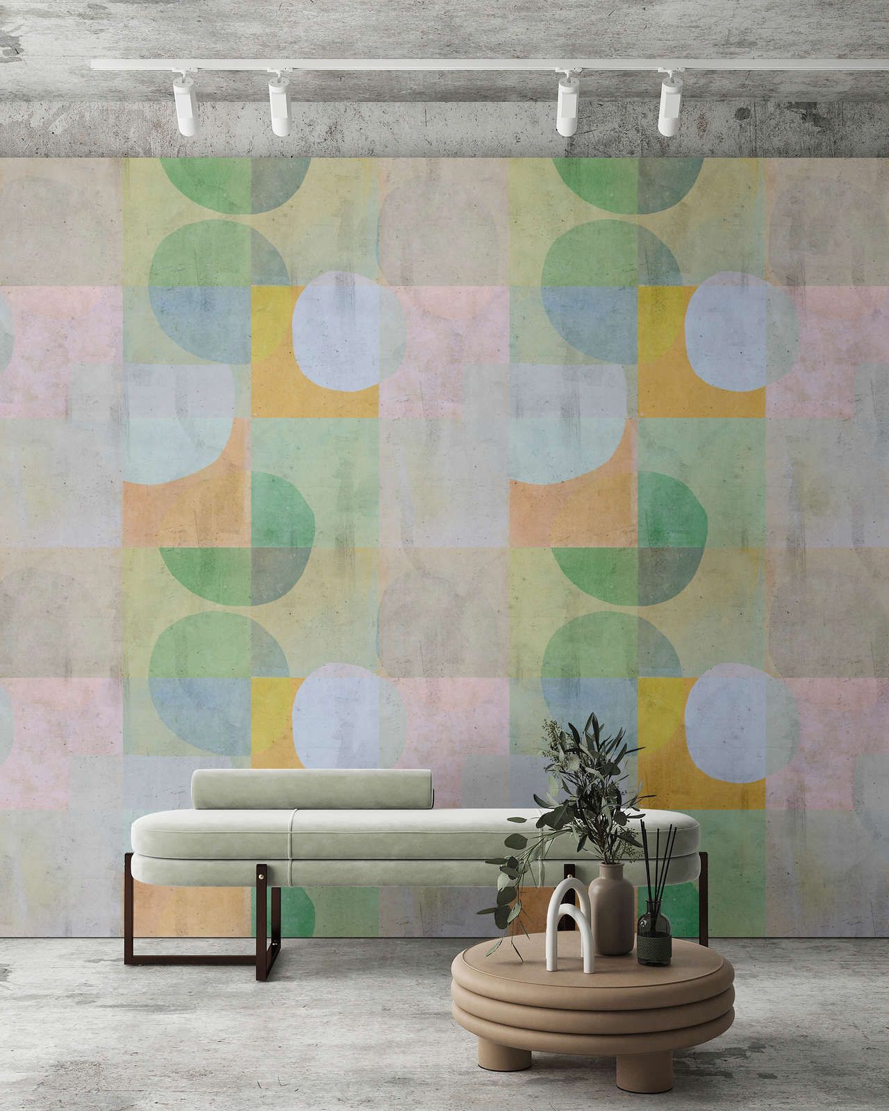             Photo wallpaper »elija 1« - retro pattern in pale colours with concrete look - green, blue, pink | Smooth, slightly pearlescent non-woven fabric
        