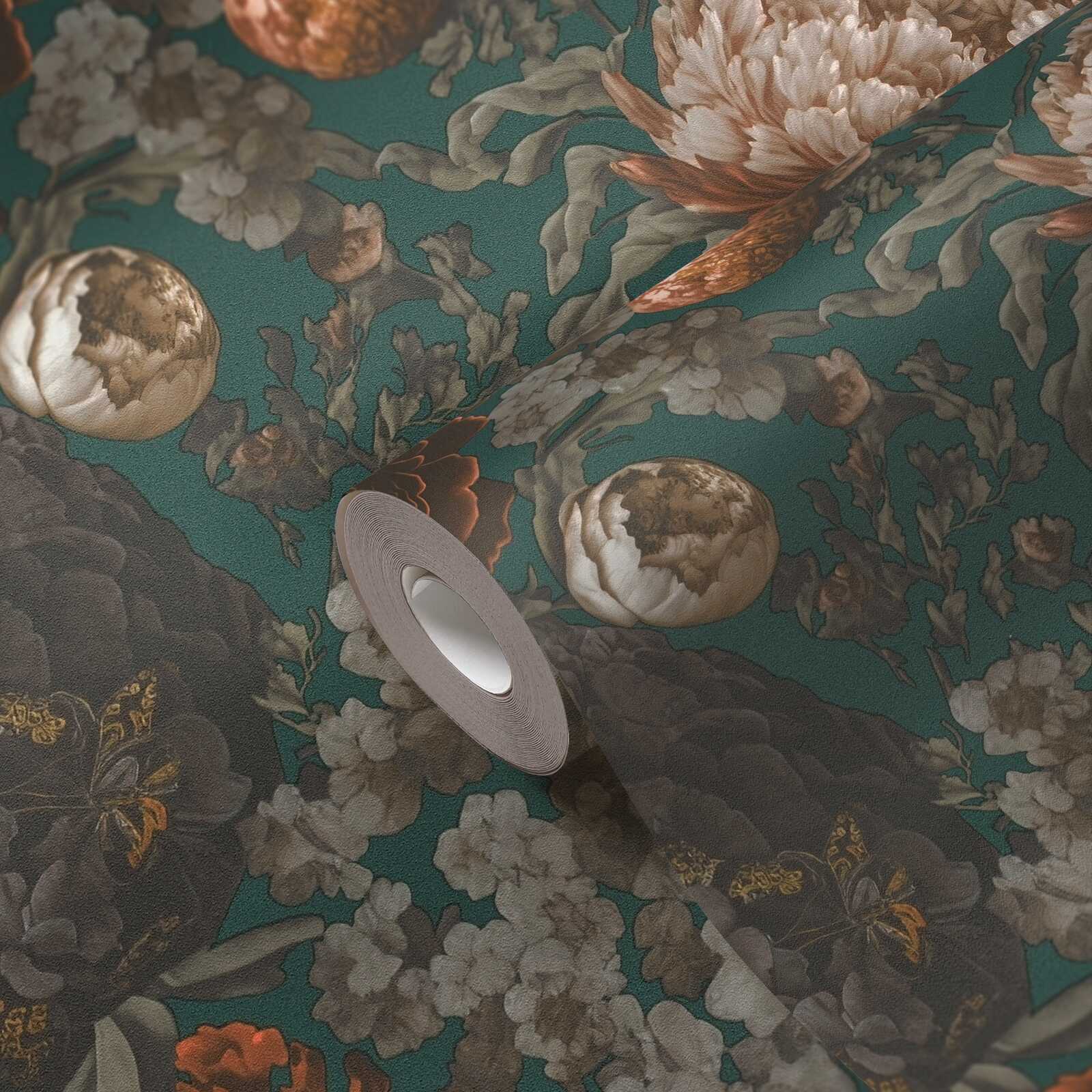             Non-woven wallpaper with large floral pattern in vintage look - green, grey, orange
        