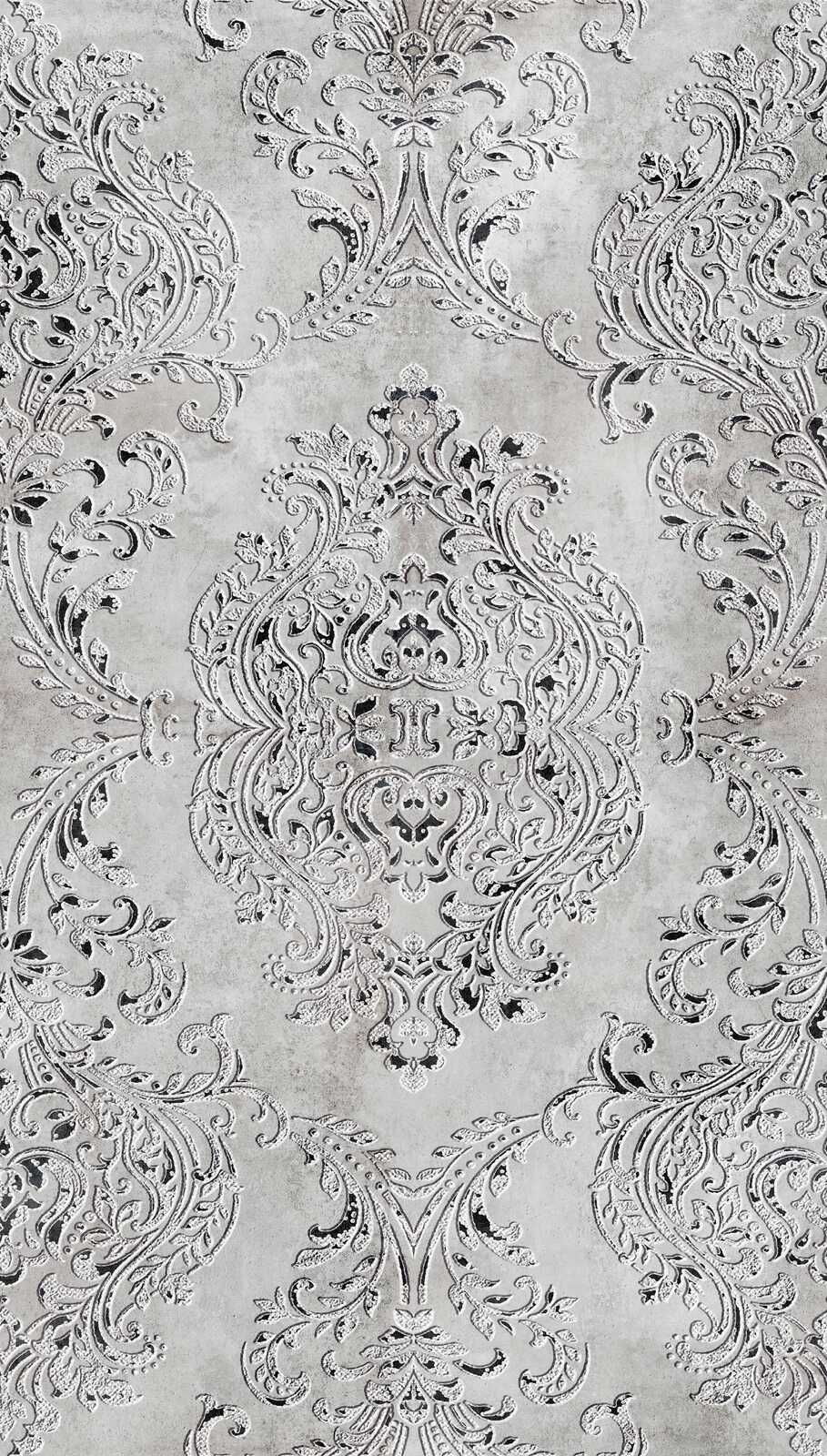             Elégant papier peint intissé baroque avec de magnifiques ornements et une répétition de motifs à grande échelle - Gris
        