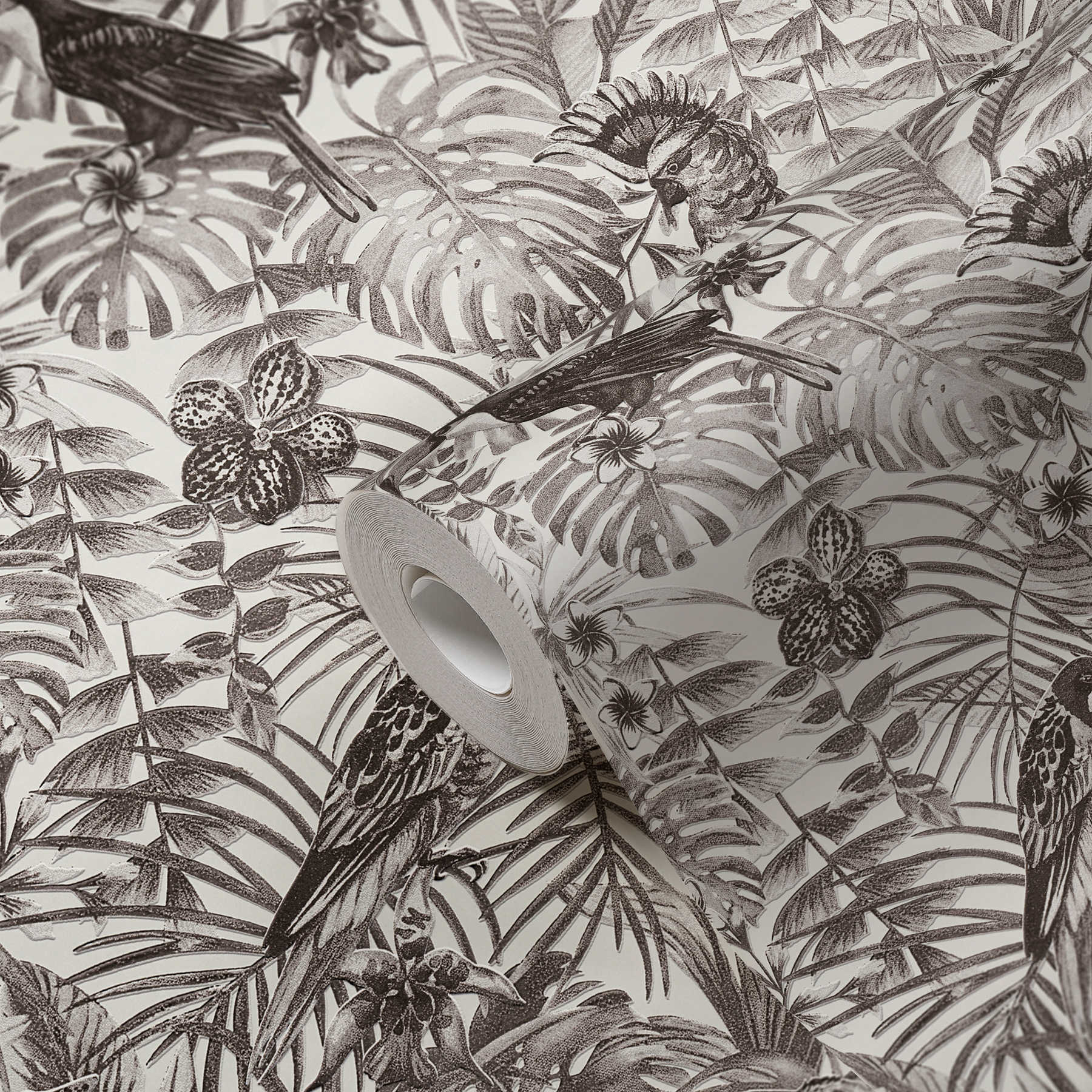             Exotic wallpaper tropical birds, flowers & leaves - black, white, grey
        