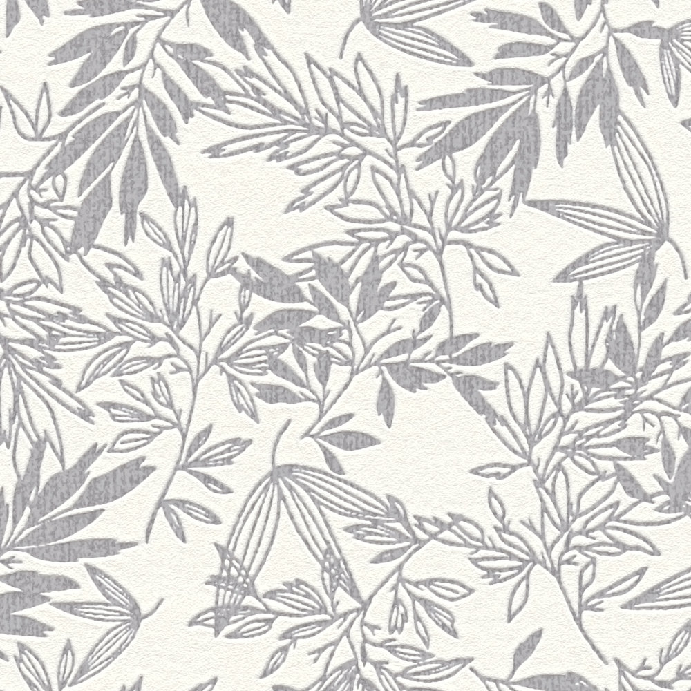             Papier peint floral avec motif de feuilles en mat - gris, blanc
        