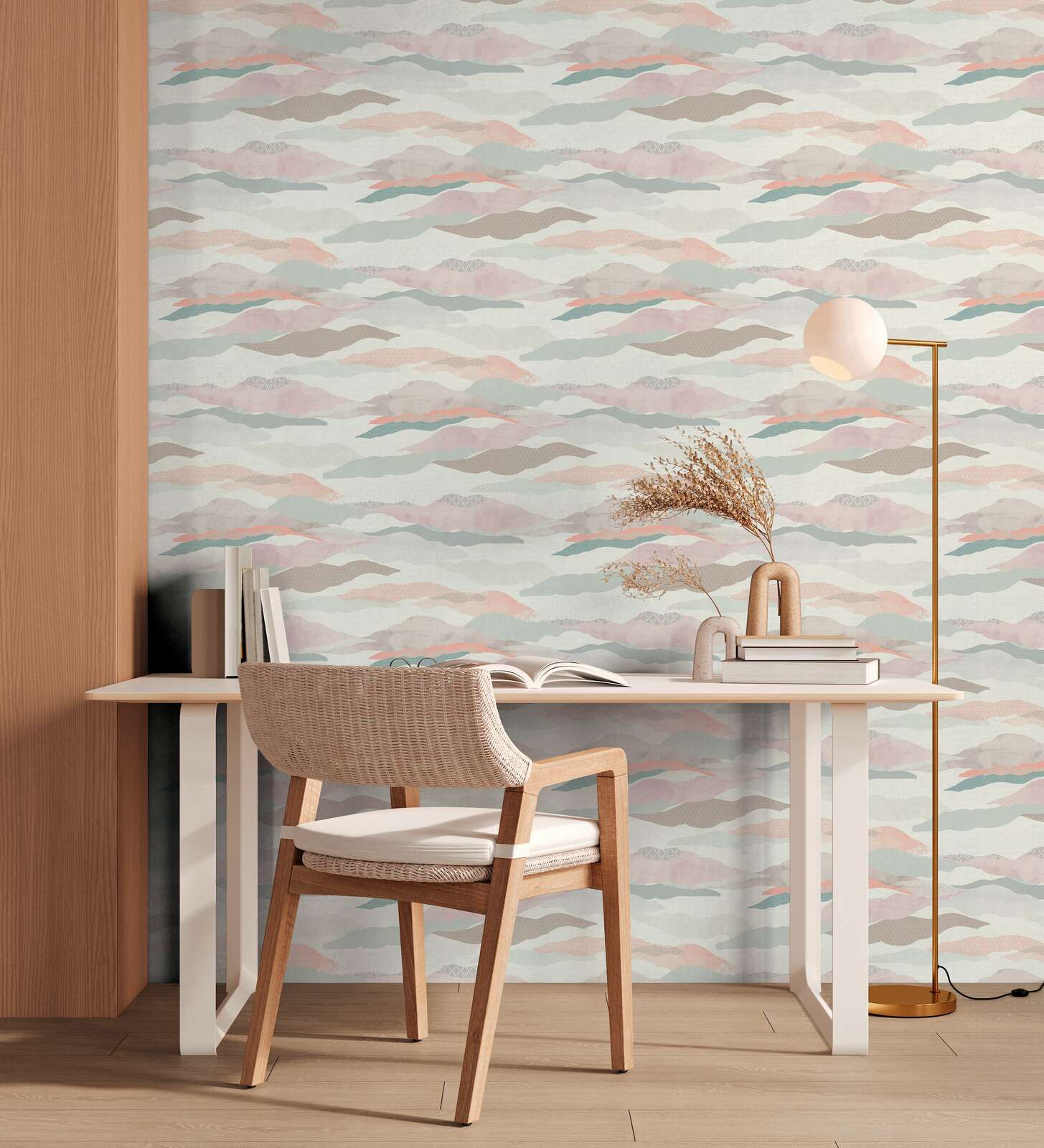             Non-woven wallpaper with graphic landscape motif - pink, blue, white
        