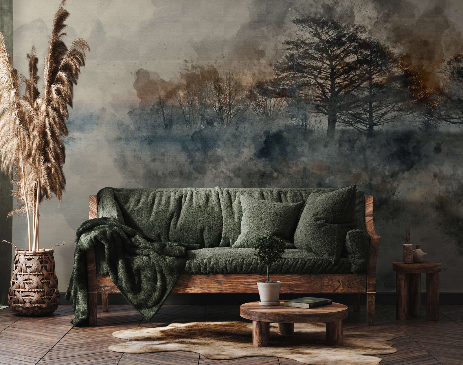             Watercolour style Autumn Lake wallpaper - Blue, Beige, Grey - Premium smooth non-woven
        