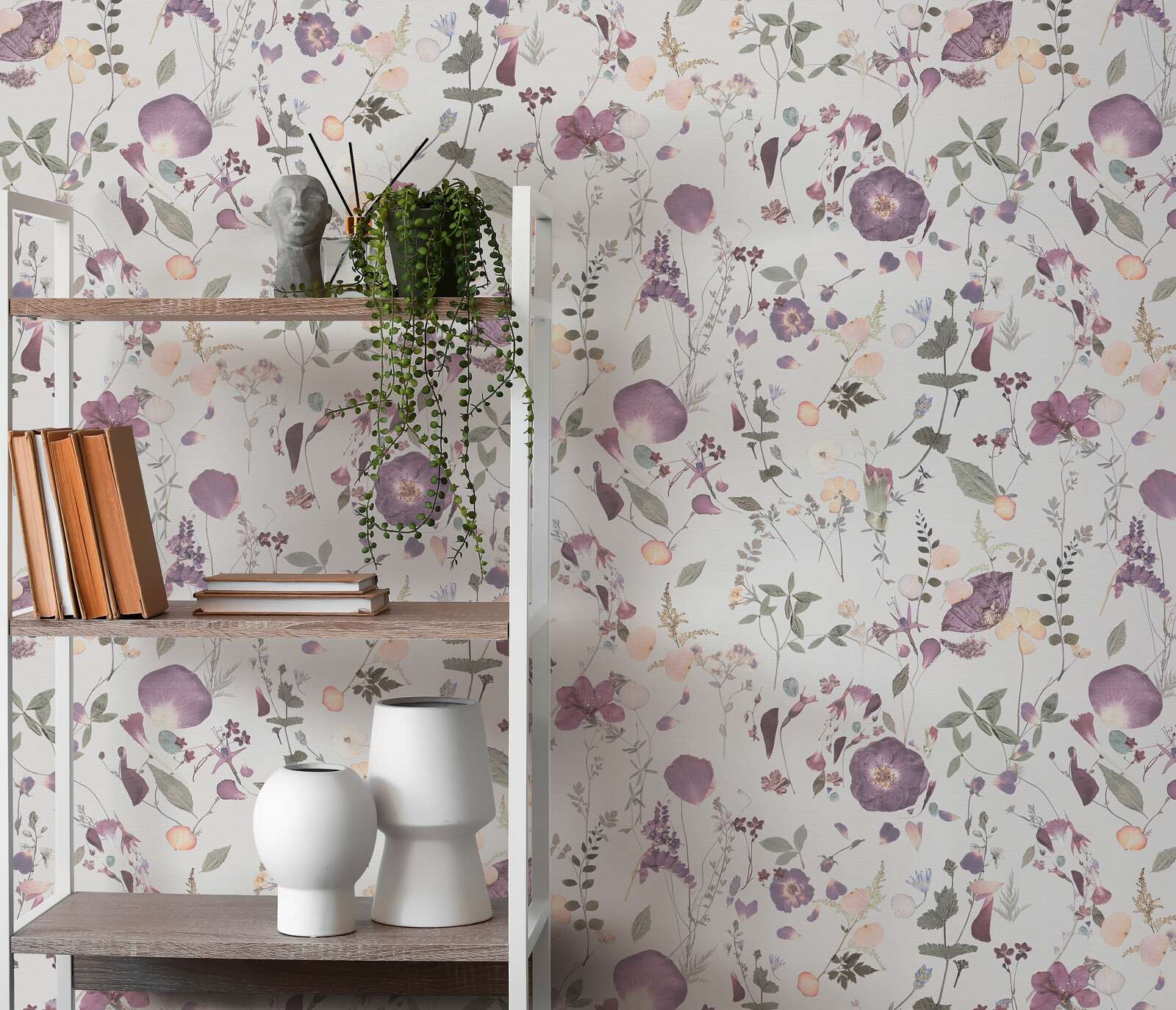             Non-woven wallpaper with blossom bouquet motif in country house style - violet, green, yellow
        