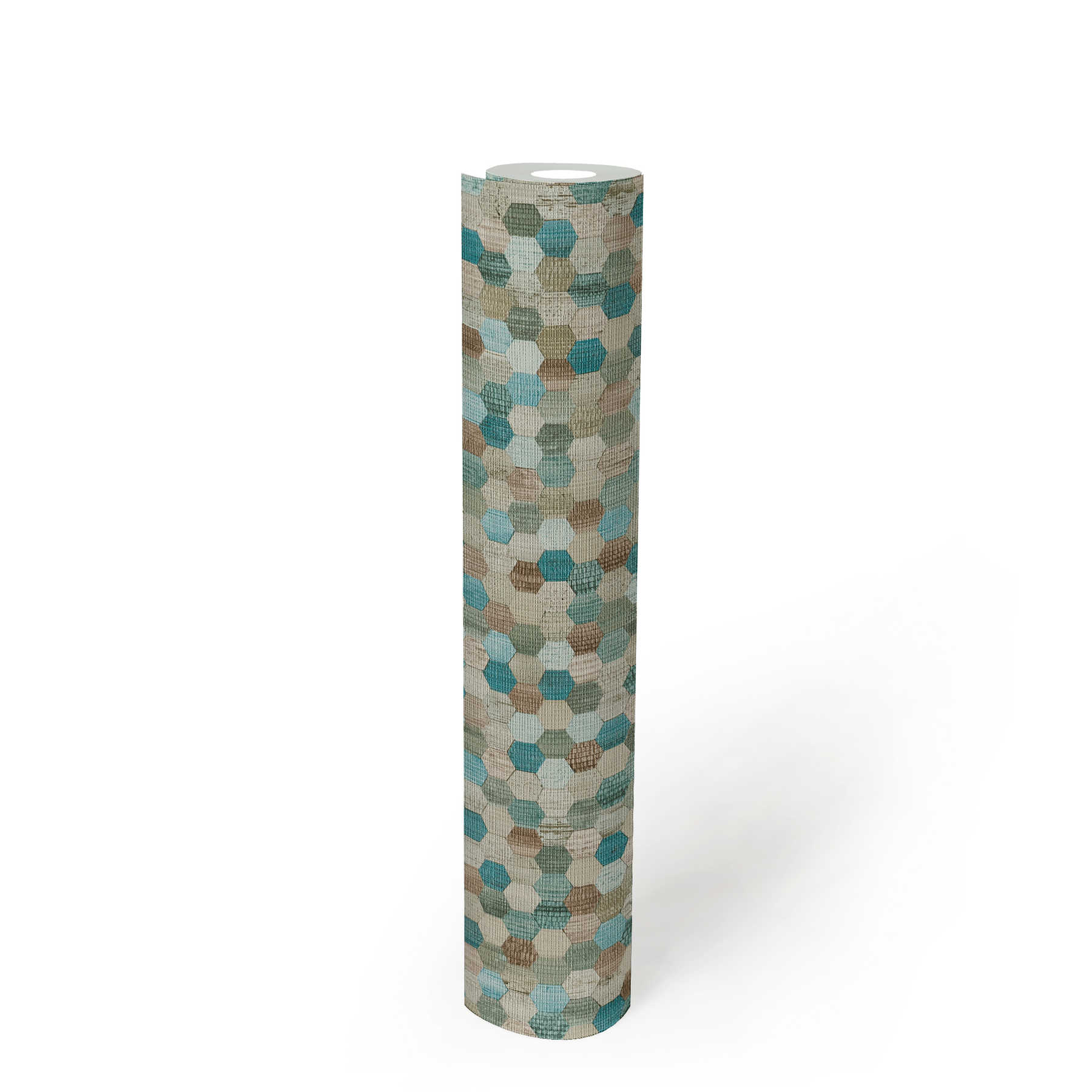             Papier peint intissé coloré avec mosaïque géométrique hexagonale - bleu, beige, vert
        