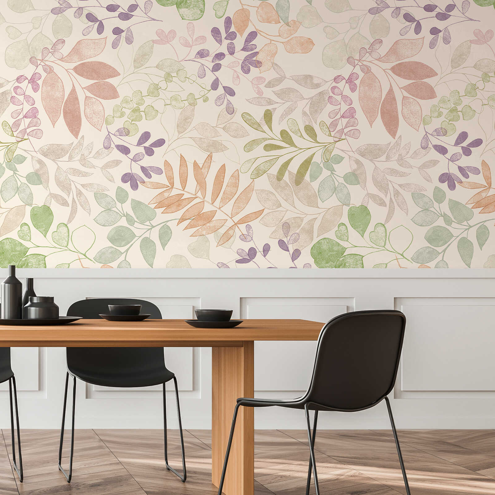             Papel pintado motivo XXL con motivos florales en acuarela - crema, verde, morado
        