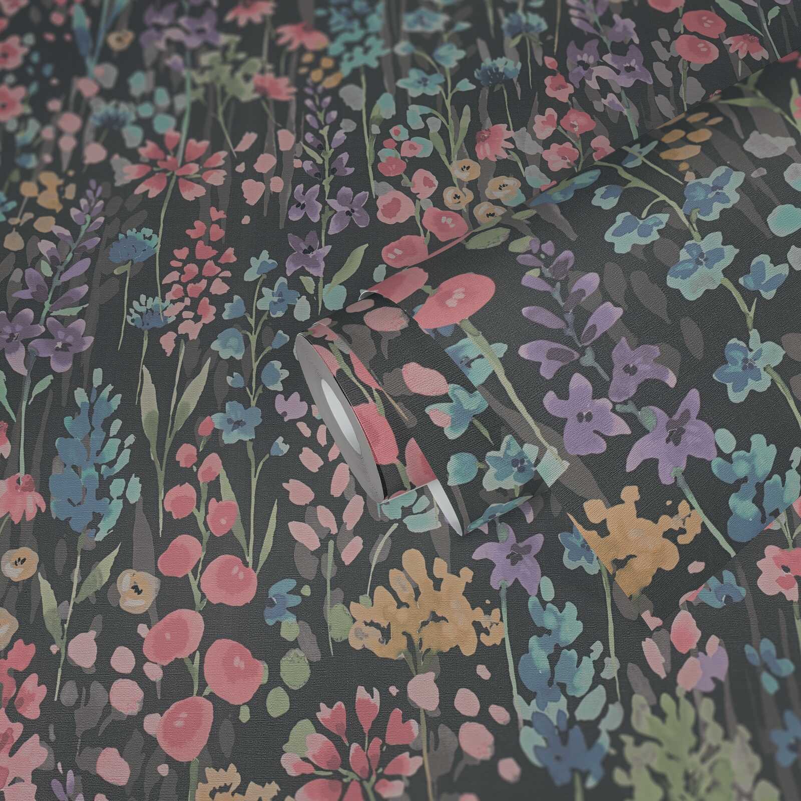             Non-woven wallpaper colourful flower meadow in watercolour look - colourful, black, pink
        