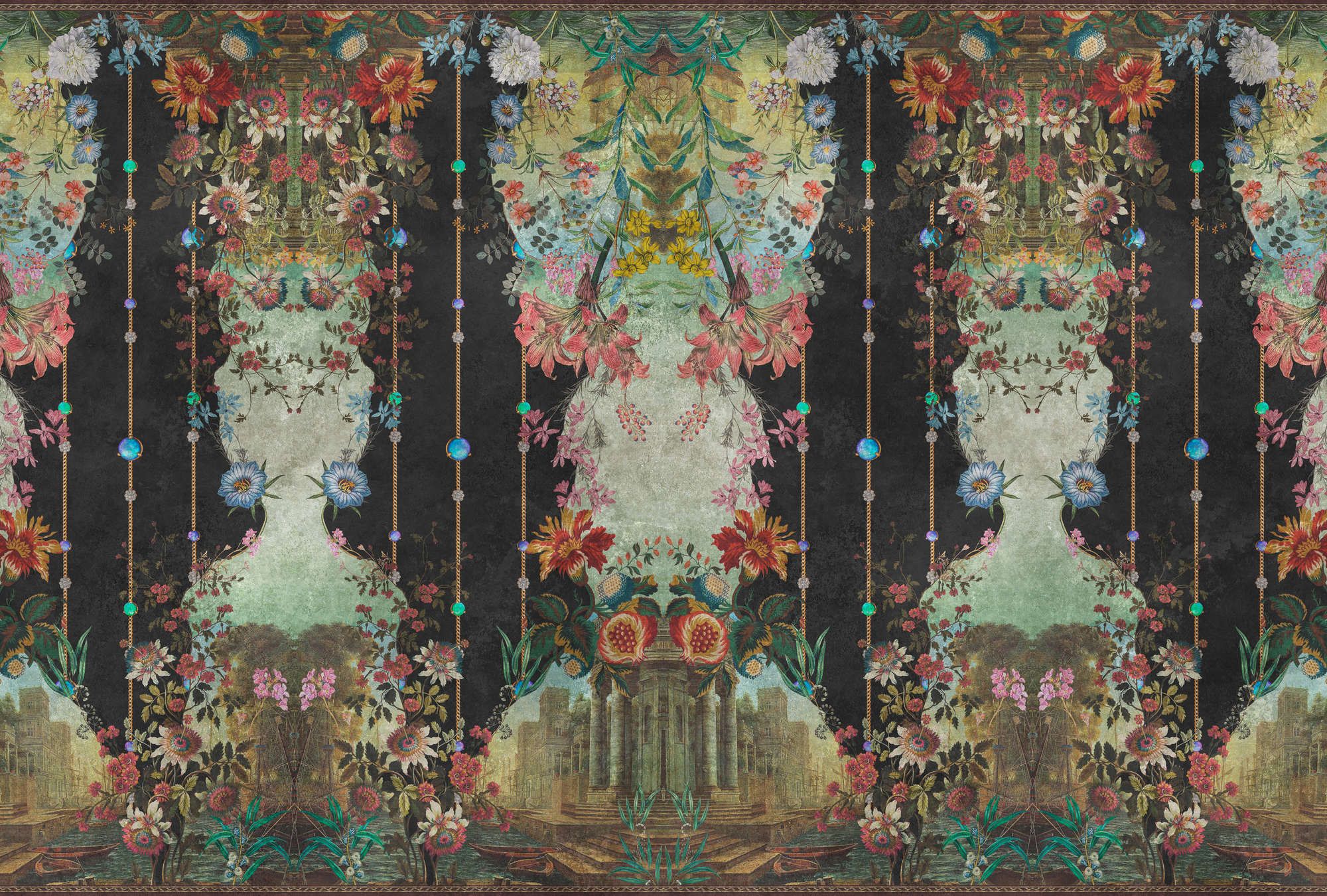             Fotobehang »ophelia« - Sierlambrisering met bloemmotief op vintage gipsstructuur - Glad, licht parelend vliesmateriaal
        