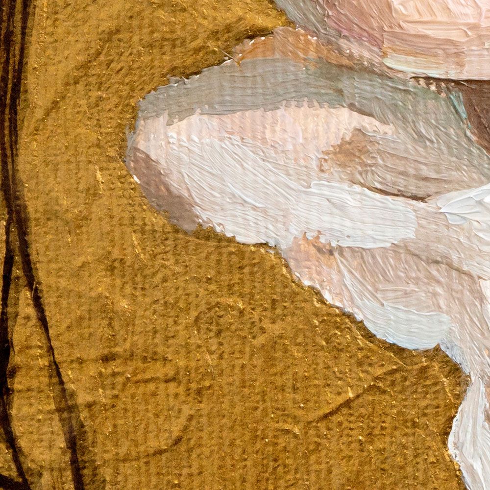             Fotomural »golda« - retrato parcial de una mujer - obra de arte con estructura de lino | Tela no tejida lisa, ligeramente nacarada y brillante
        