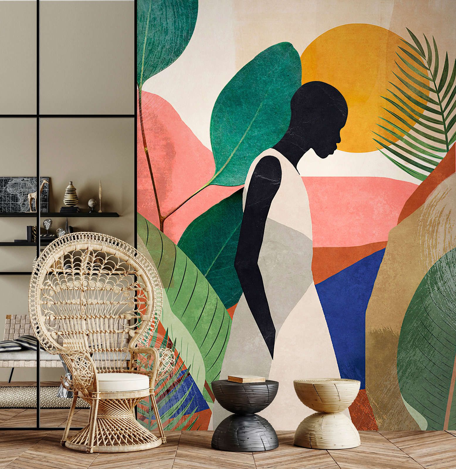             Photo wallpaper »nala« - Silhouette, leaves & grasses - Colourful motif on vintage plaster texture | Matt, smooth non-woven fabric
        