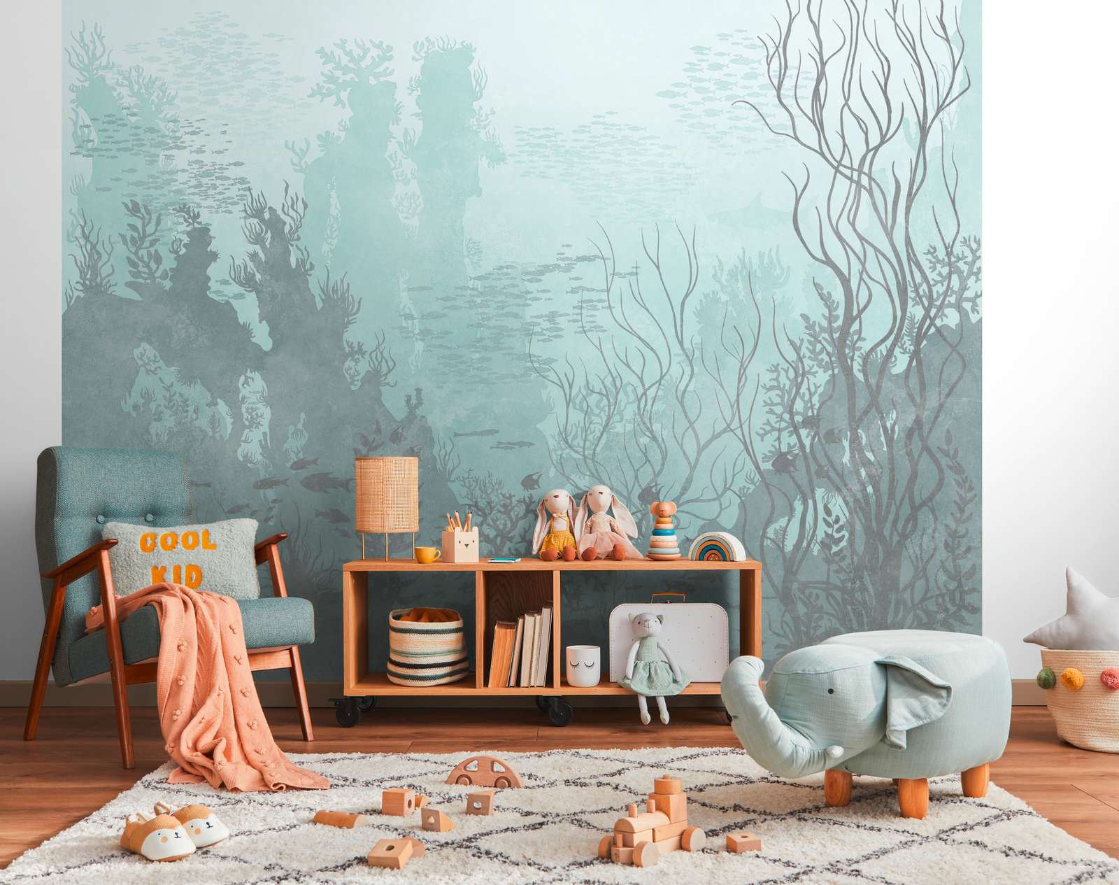             Mystical underwater photo wallpaper with sea animals and plants as non-woven wallpaper - blue, grey
        