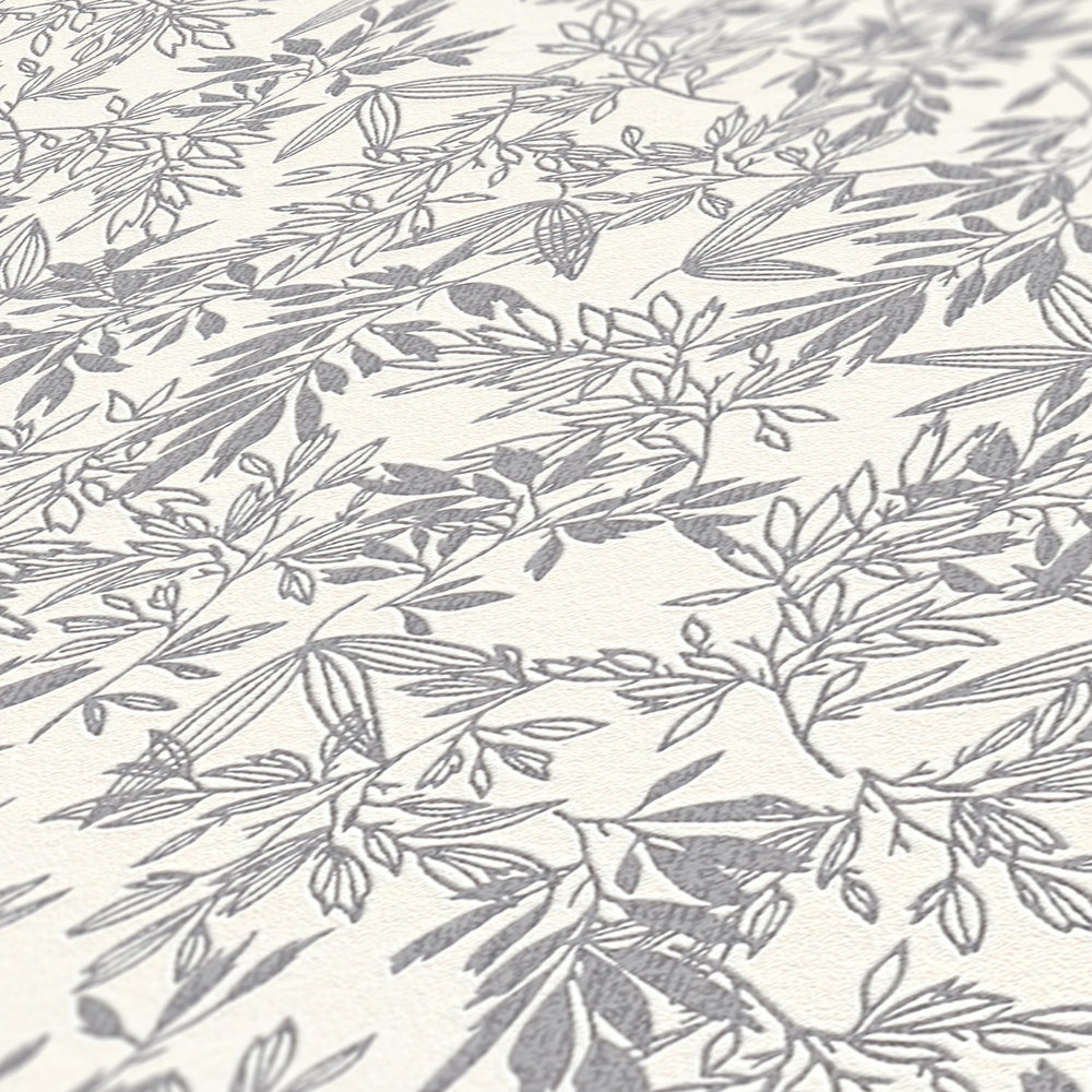             Papier peint floral avec motif de feuilles en mat - gris, blanc
        