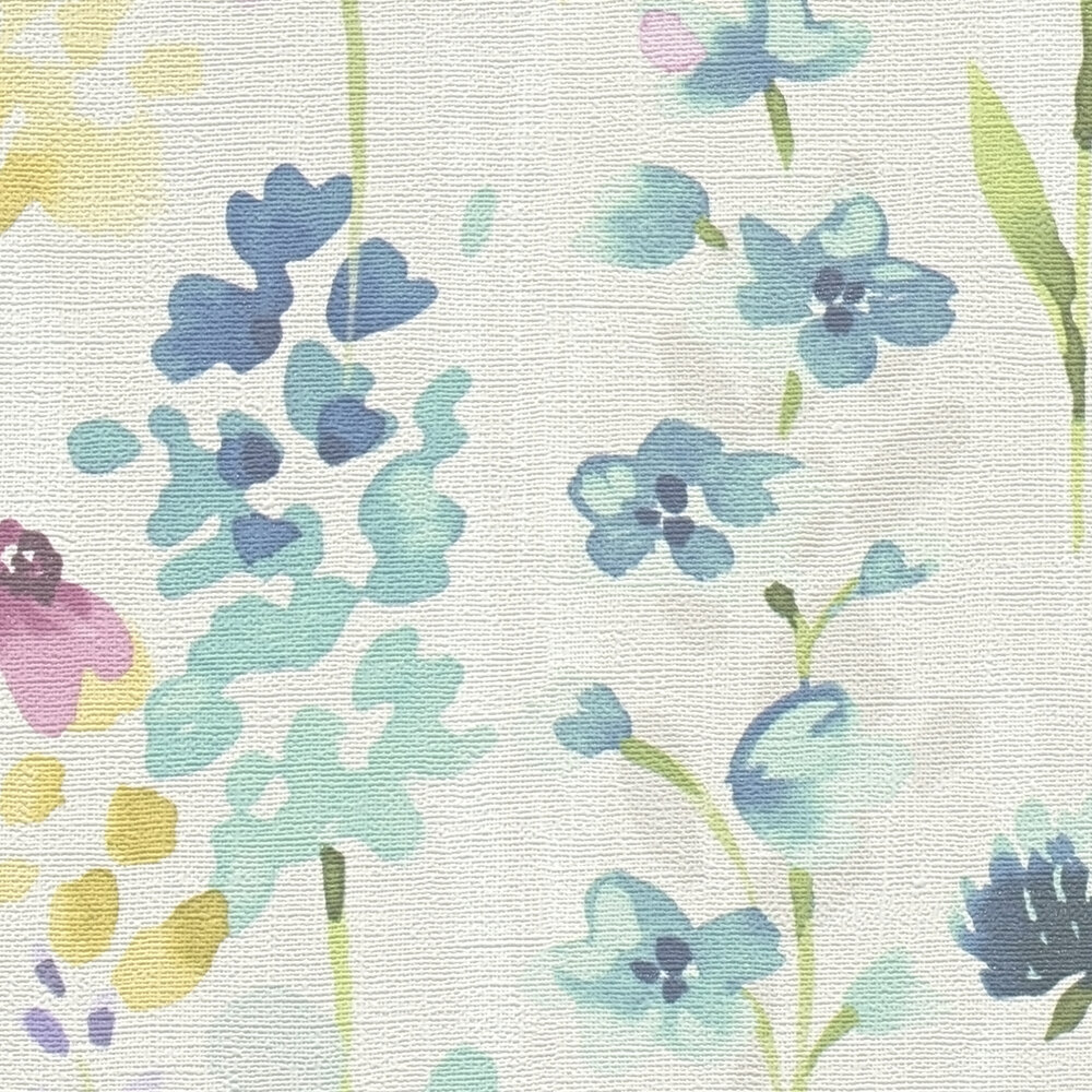             Colourful flower meadow wallpaper in watercolour design - colourful, white, pink
        