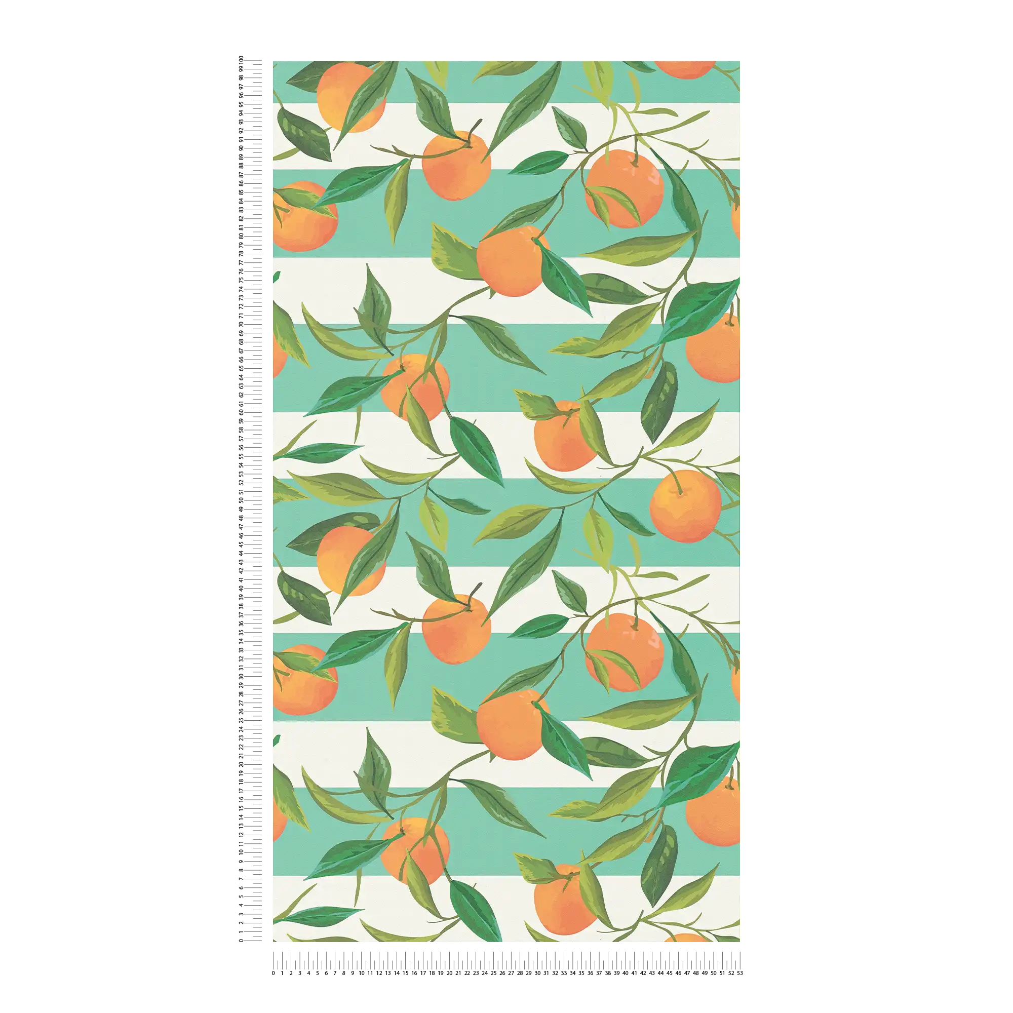             Striped non-woven wallpaper with painted oranges and leaves - turquoise, orange, green
        
