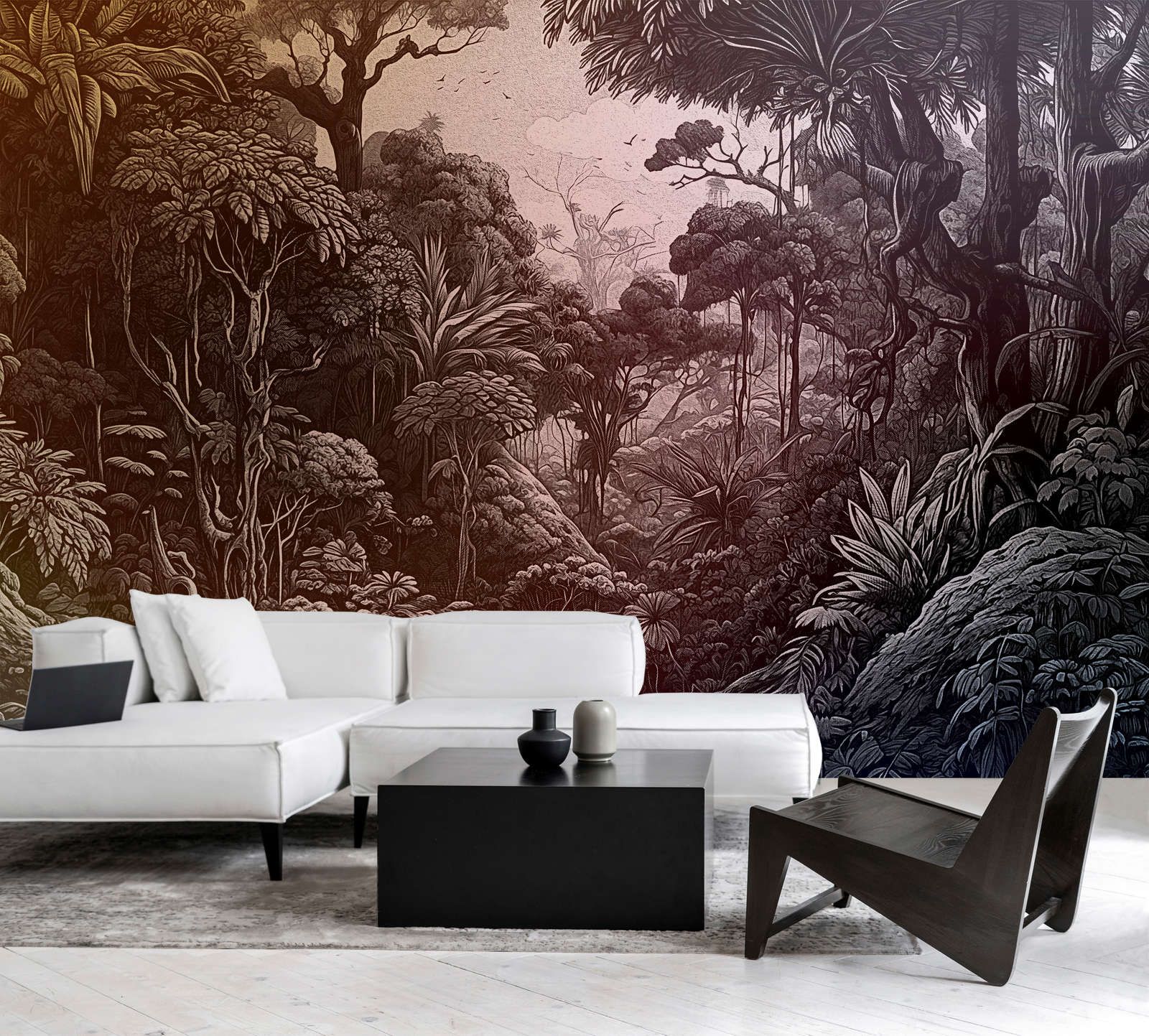             Photo wallpaper »liana« - Jungle design with colour gradient - orange, violet, grey-green | matt, smooth non-woven fabric
        