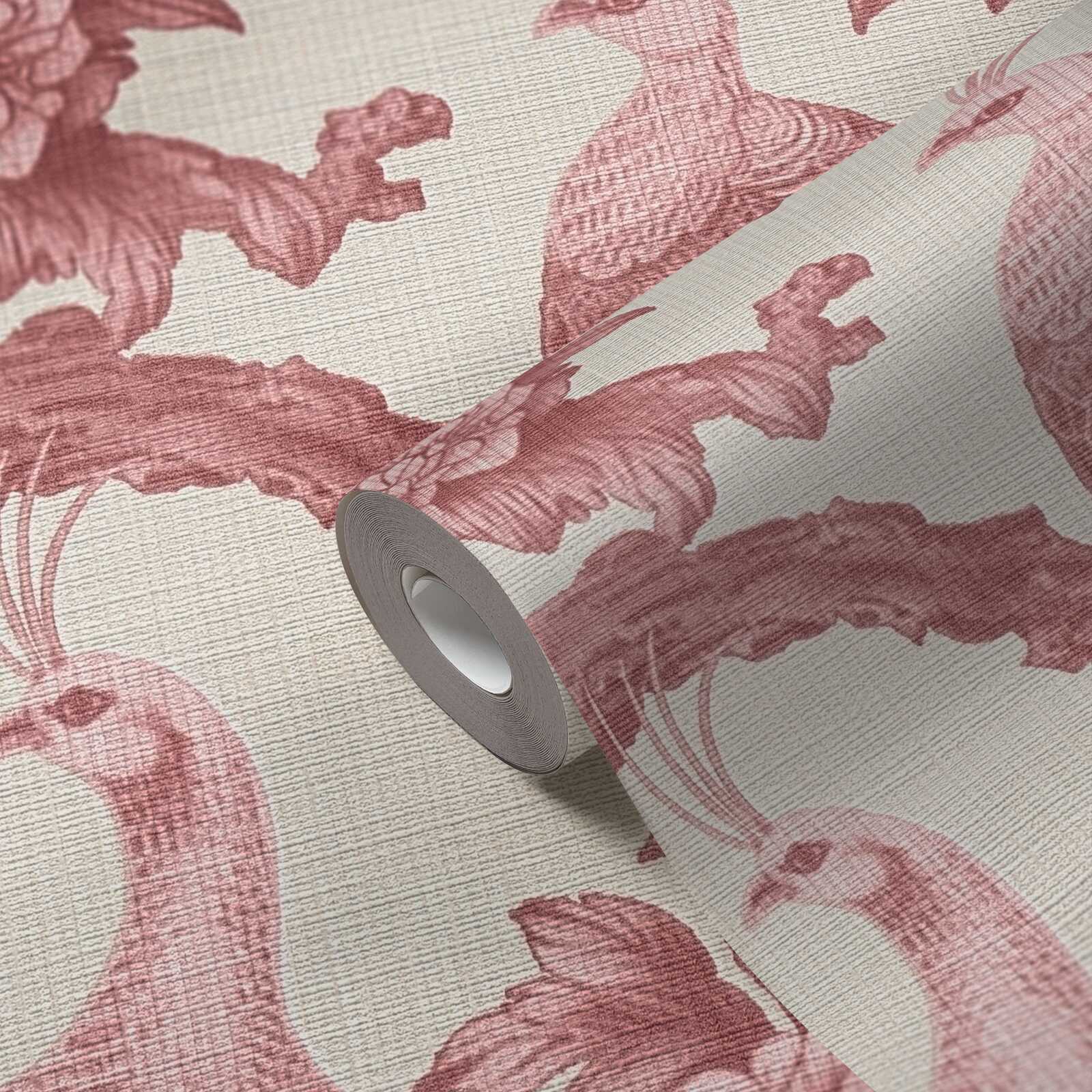             Non-woven wallpaper in English country house style with birds - red, cream, pink
        