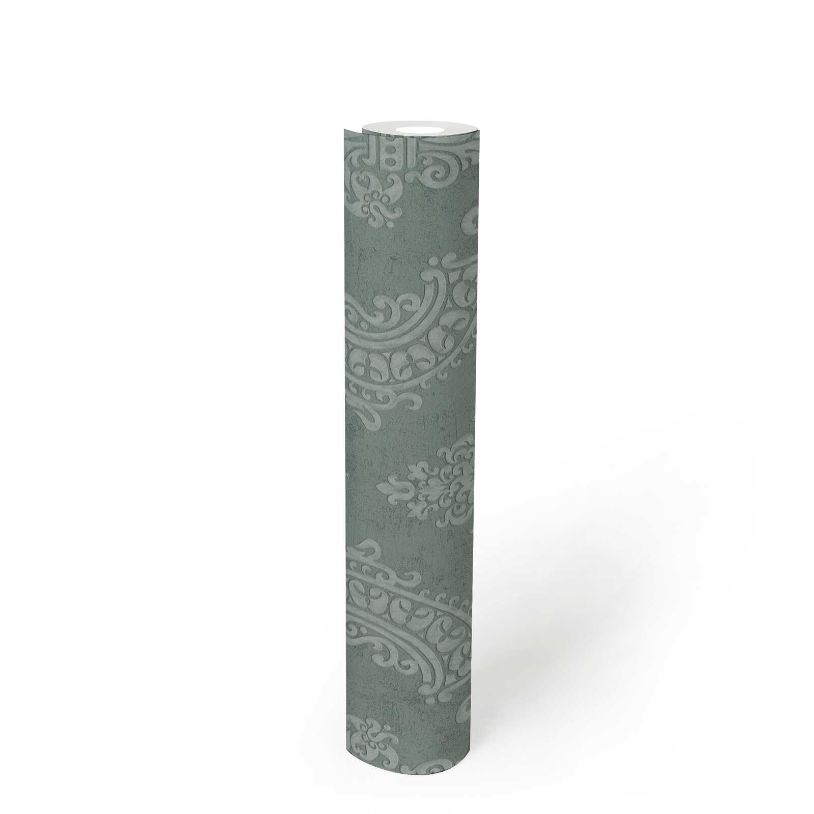             Non-woven wallpaper in baroque design with glitter effect - green, dark green
        