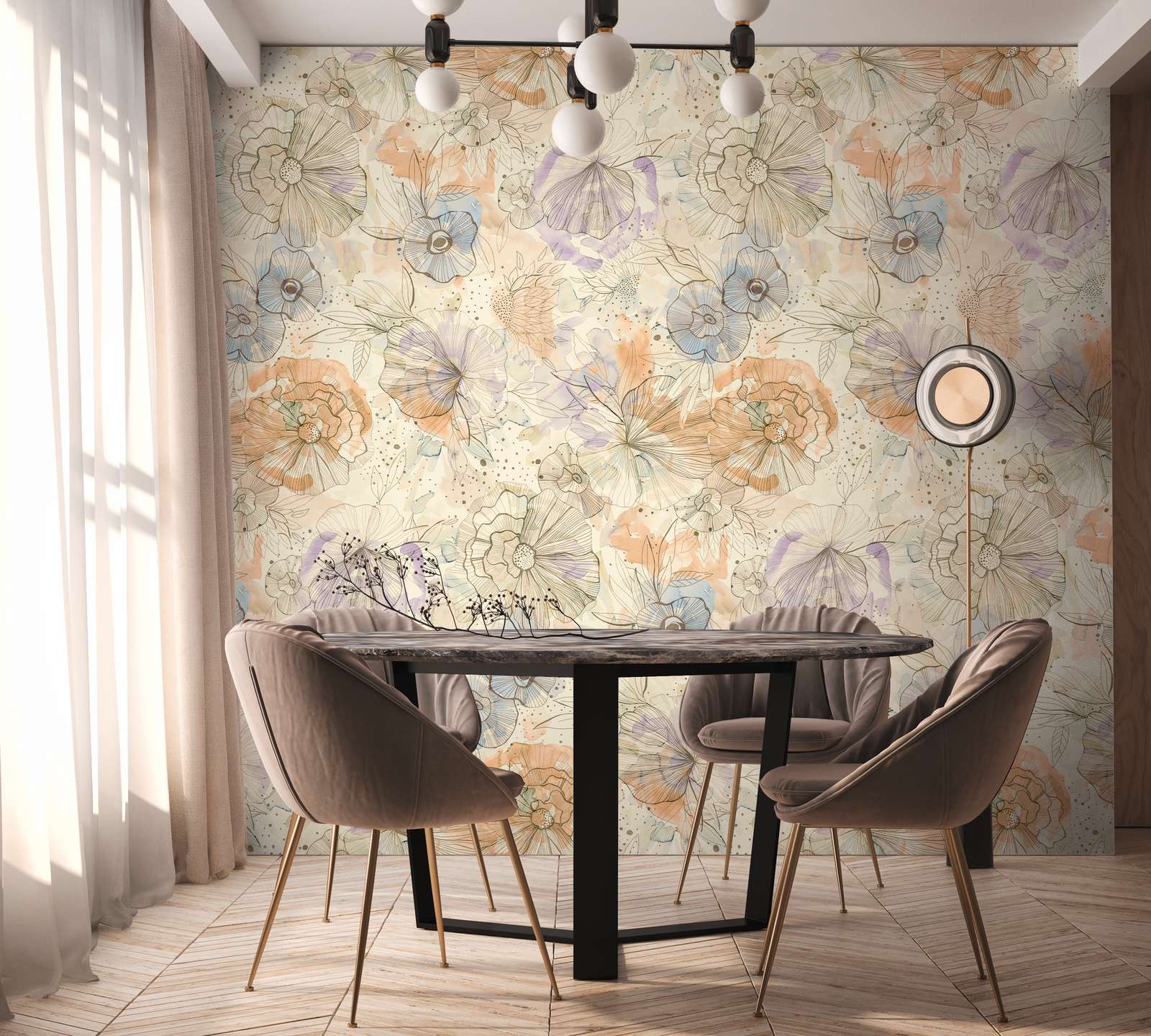             Papel pintado con motivo en diseño XXL con flores y capullos en acuarela - beige, naranja, azul
        