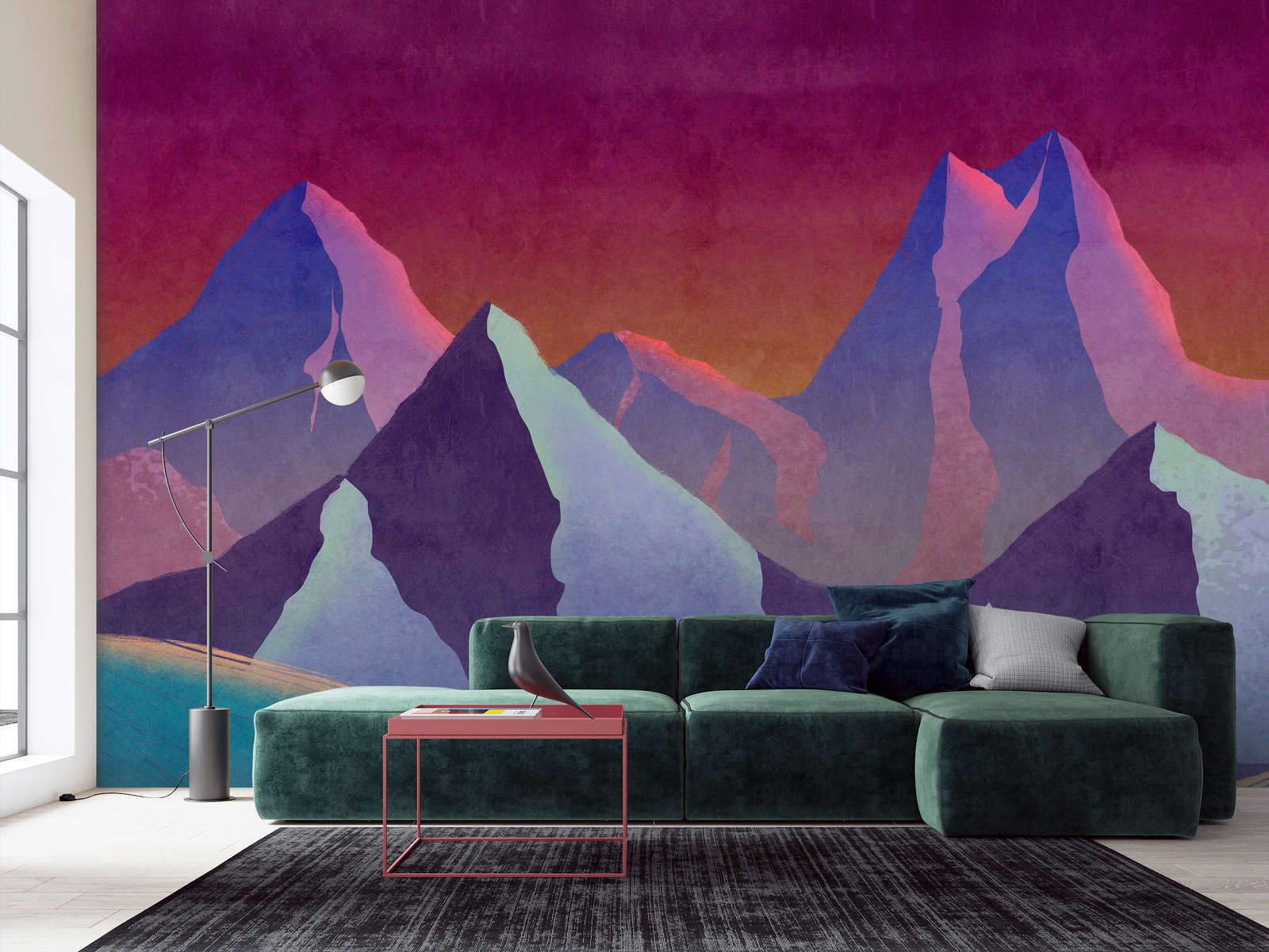             Fotomural »altitude 1« - Montañas abstractas en colores neón con textura de yeso vintage - Tela no tejida lisa, ligeramente nacarada y brillante
        