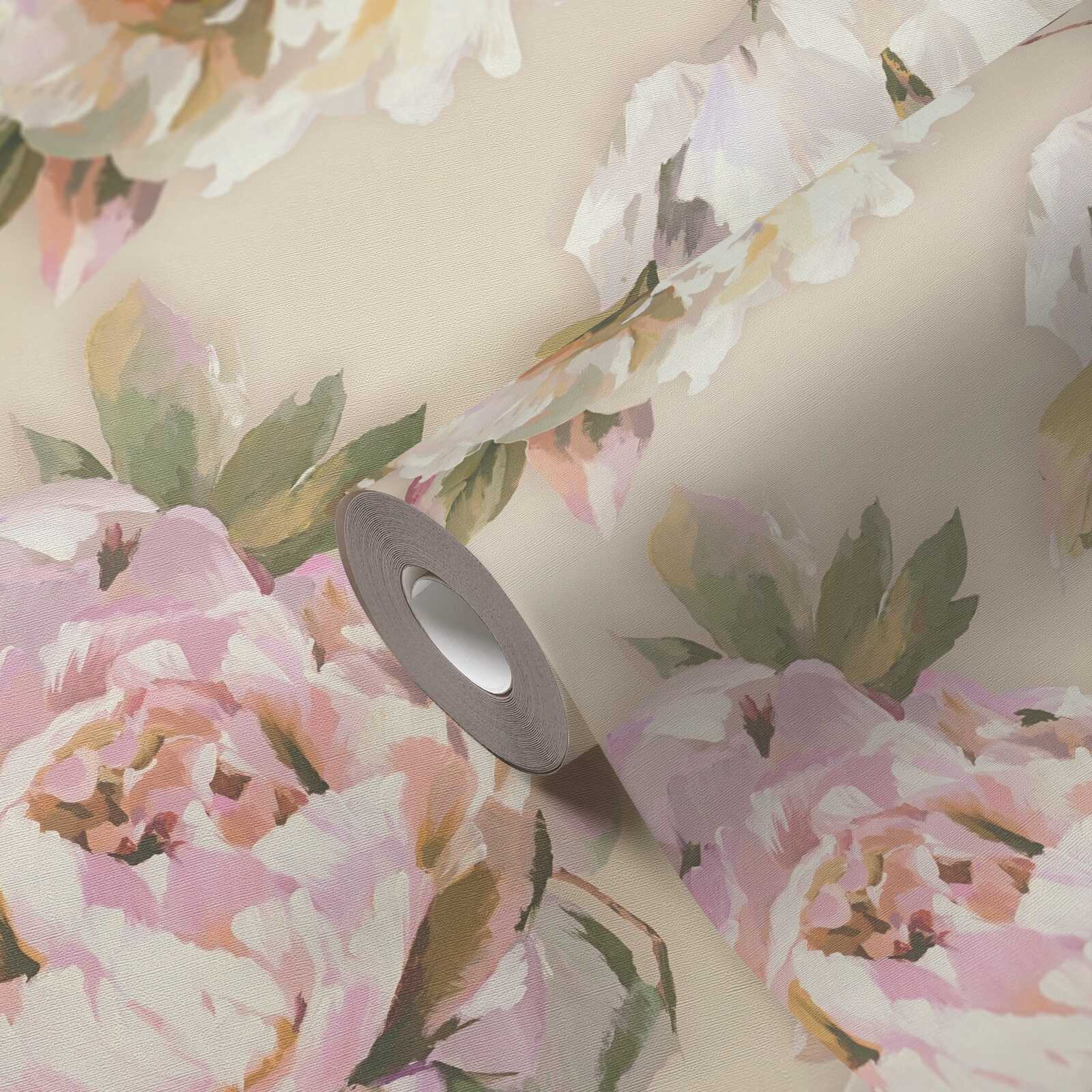             Non-woven wallpaper with picturesque rose petals in a watercolour look - violet, pink, green
        