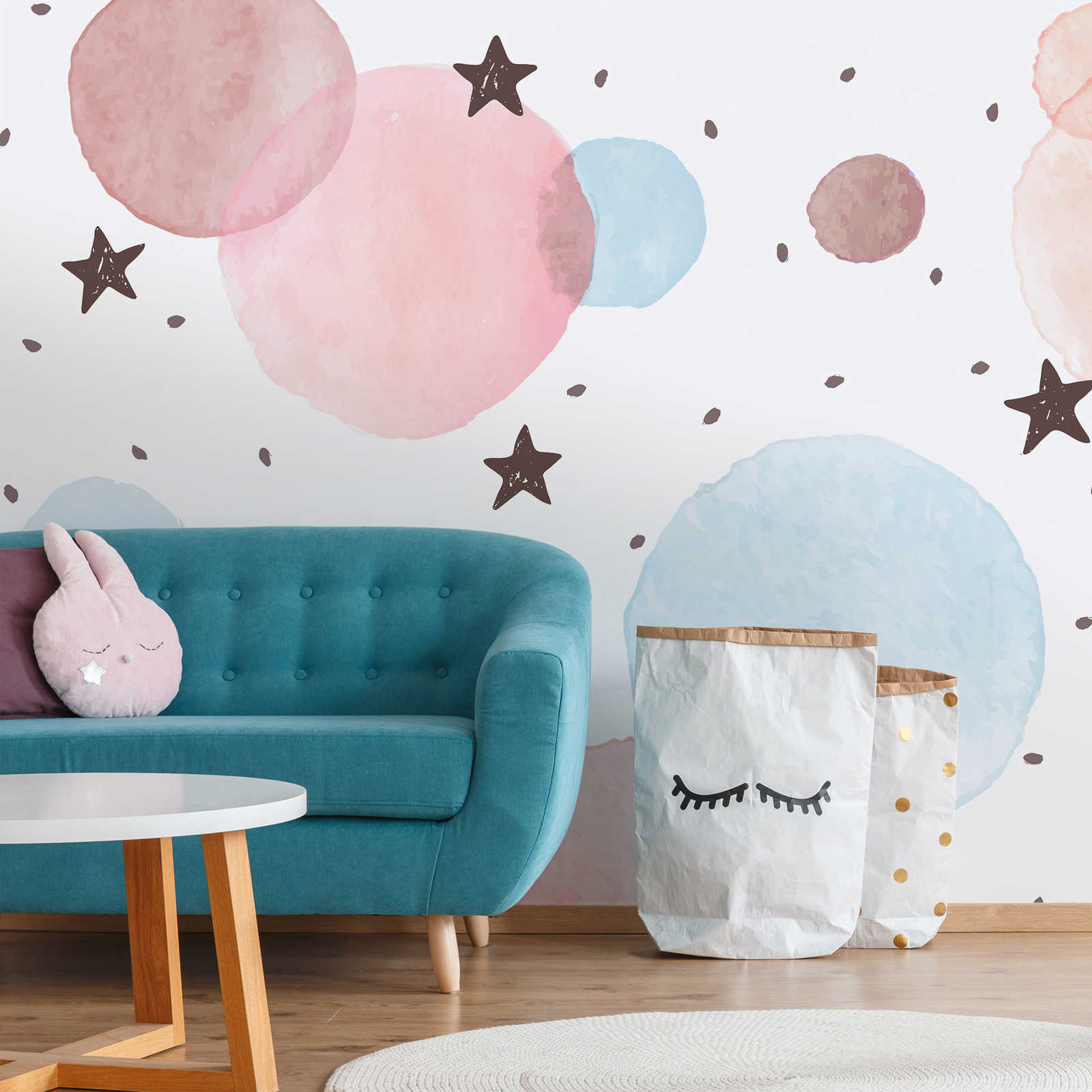 Papel pintado fotográfico para habitación infantil con estrellas, lunares y círculos - Material sin tejer liso y ligeramente brillante
