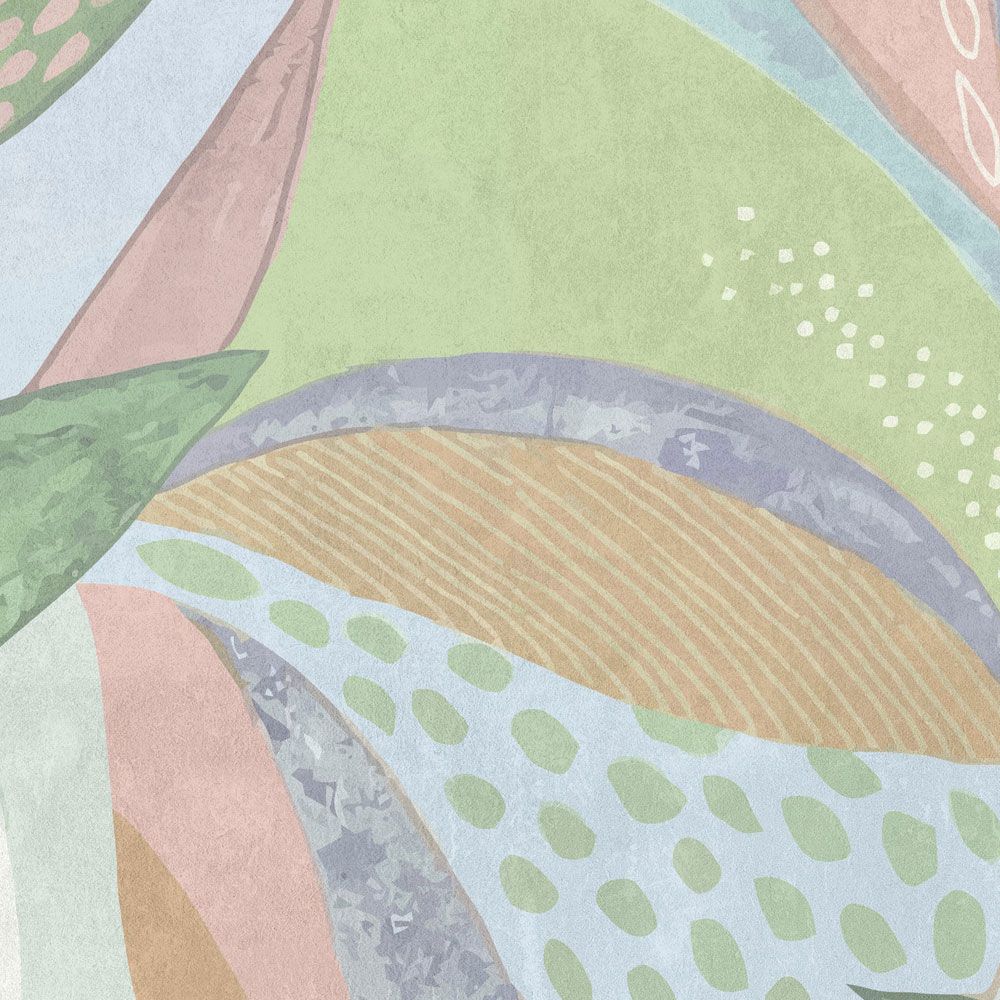            Fotomurali »emilia« - Colorato motivo a foglie pastello davanti a una struttura in intonaco di cemento - verde, blu, rosa | Materiali non tessuto liscio, leggermente perlato e scintillante
        