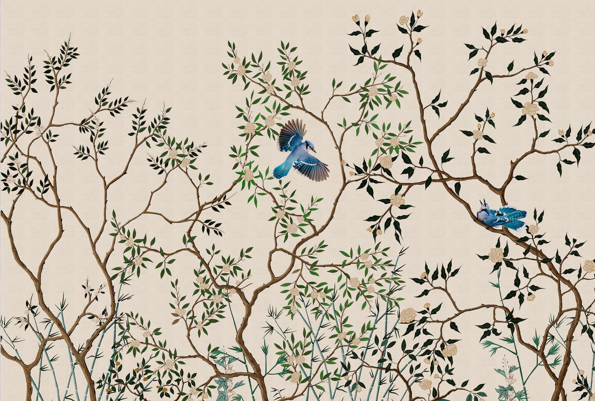             papier peint en papier panoramique »merula« - branches & oiseaux - clair avec structure lin | Intissé mat, lisse
        