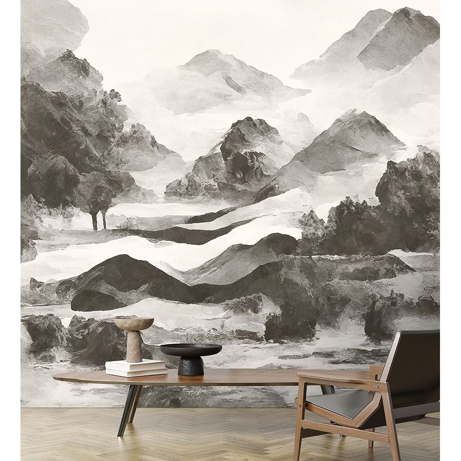 Fotomurali »tinterra 1« - Paesaggio con montagne e nebbia - Grigio | Materiali non tessuto liscio, leggermente perlato e scintillante
