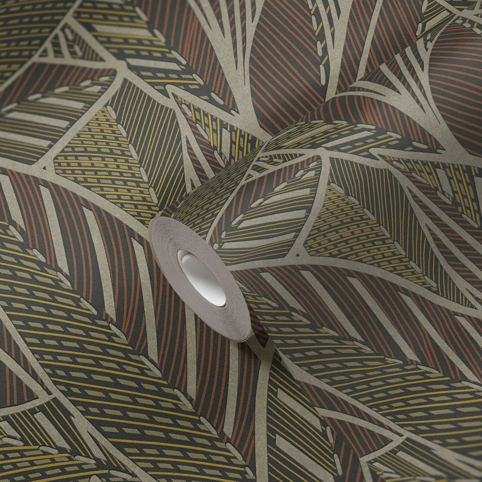             Palm leaves non-woven wallpaper with a jungle feel and glossy accents - brown, yellow, red
        